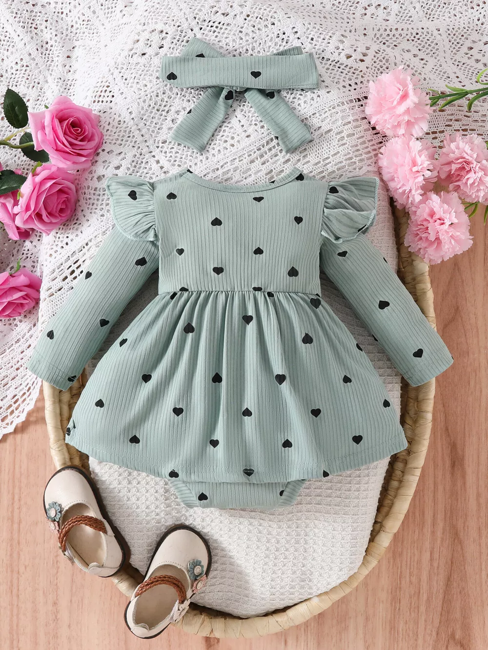 Children's Heart Print Ruffle Trim Bodysuit Dress with Headband, image 11