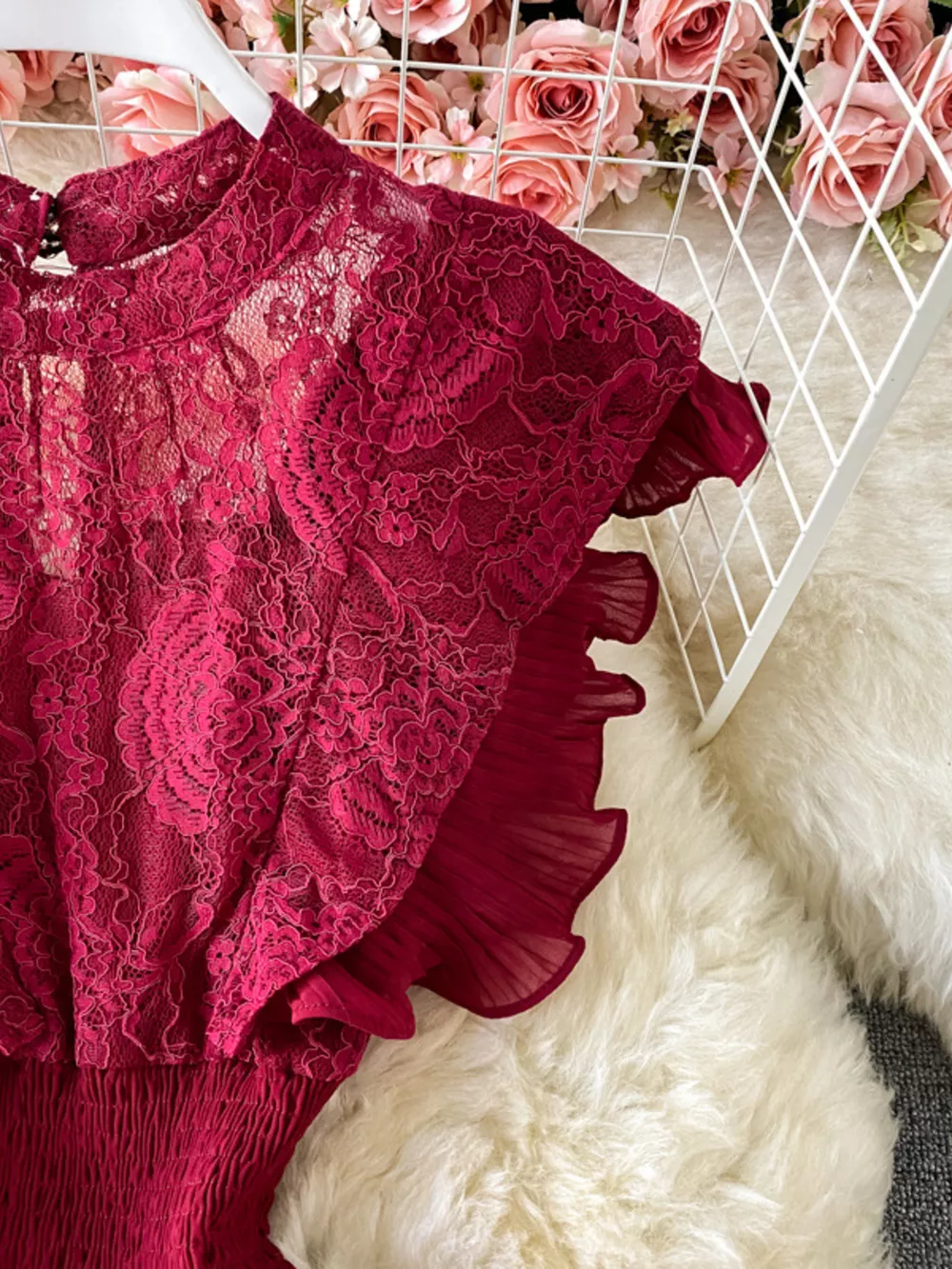 Ruffled Mock Neck Lace Maxi Dress, image 25