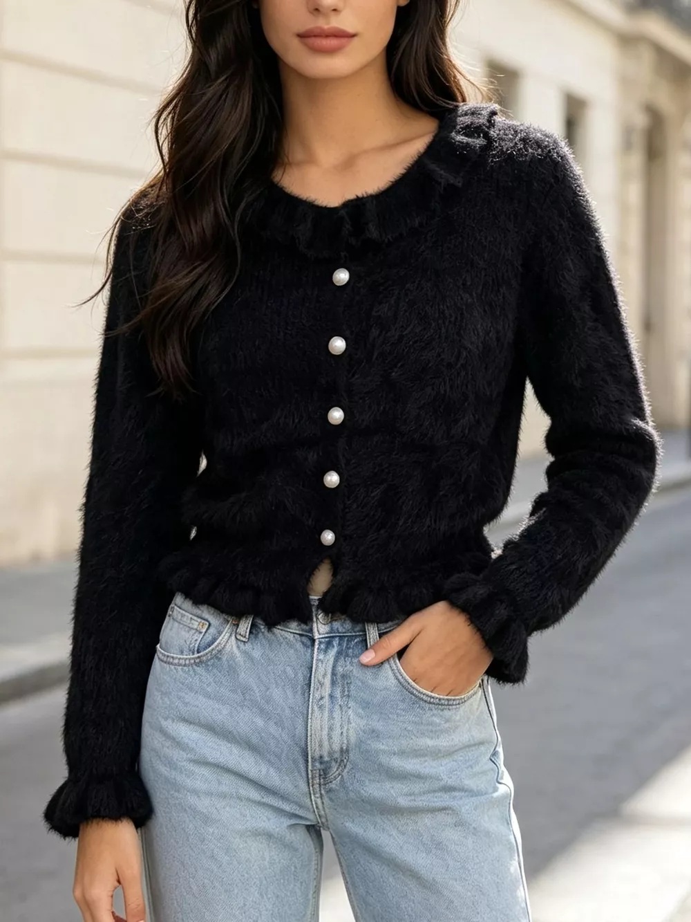 Soft Fuzzy Cardigan with Ruffled Collar and Pearl Buttons, image 27