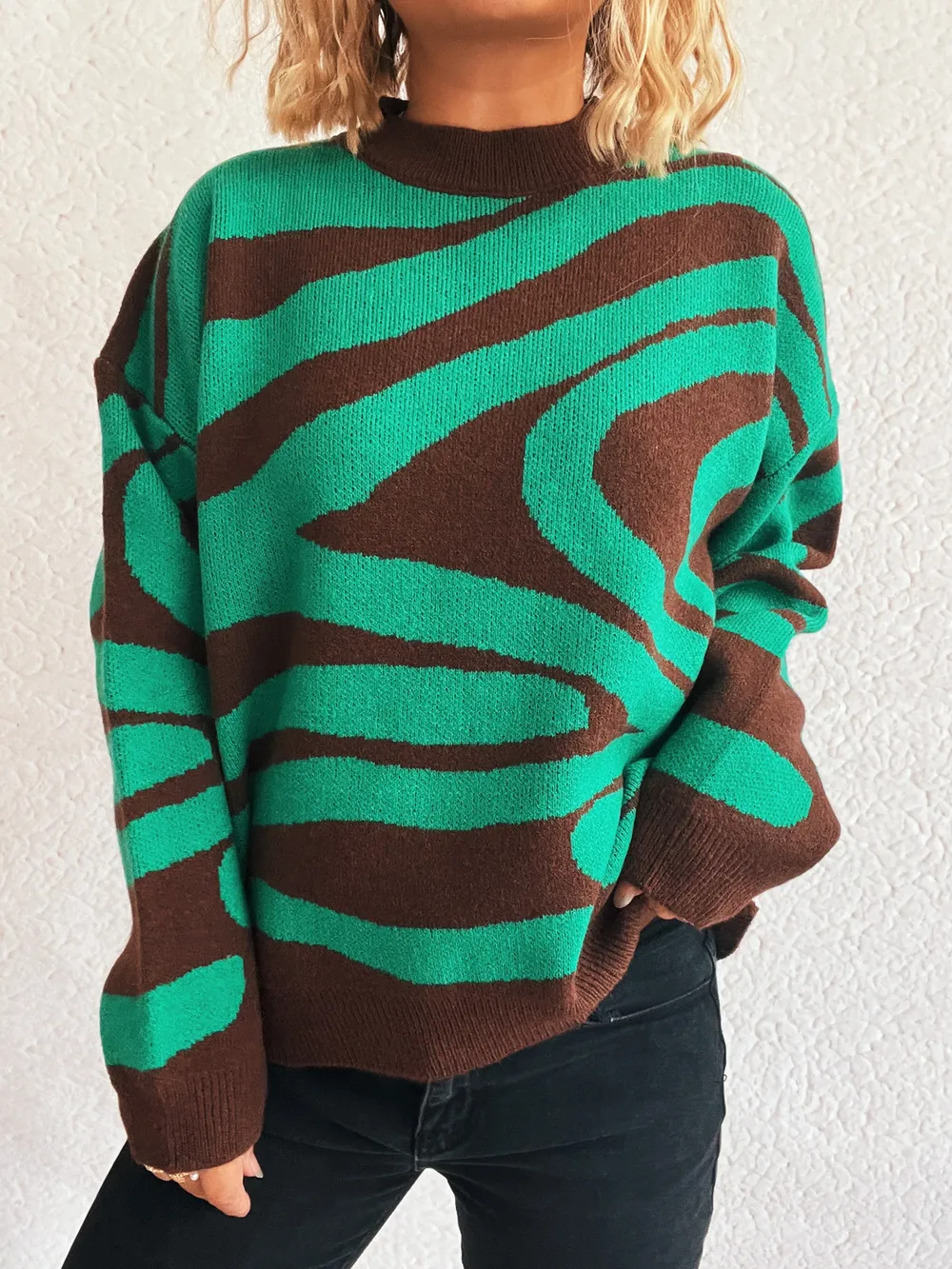 Zebra Print Round Neck Sweater, image 7