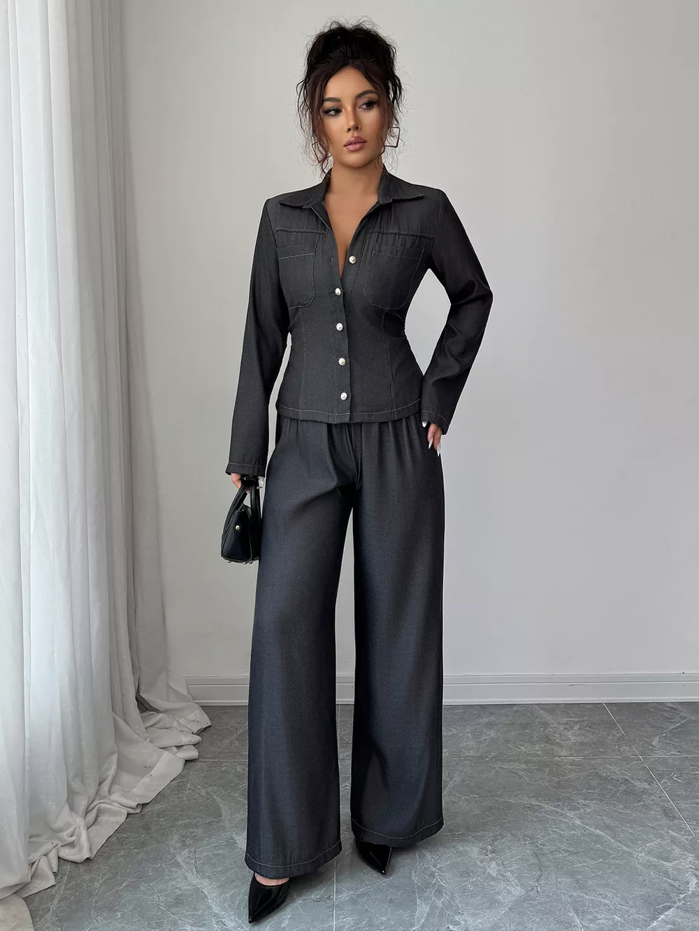 Button-Up Shirt & Wide Leg Pants Set, image 4