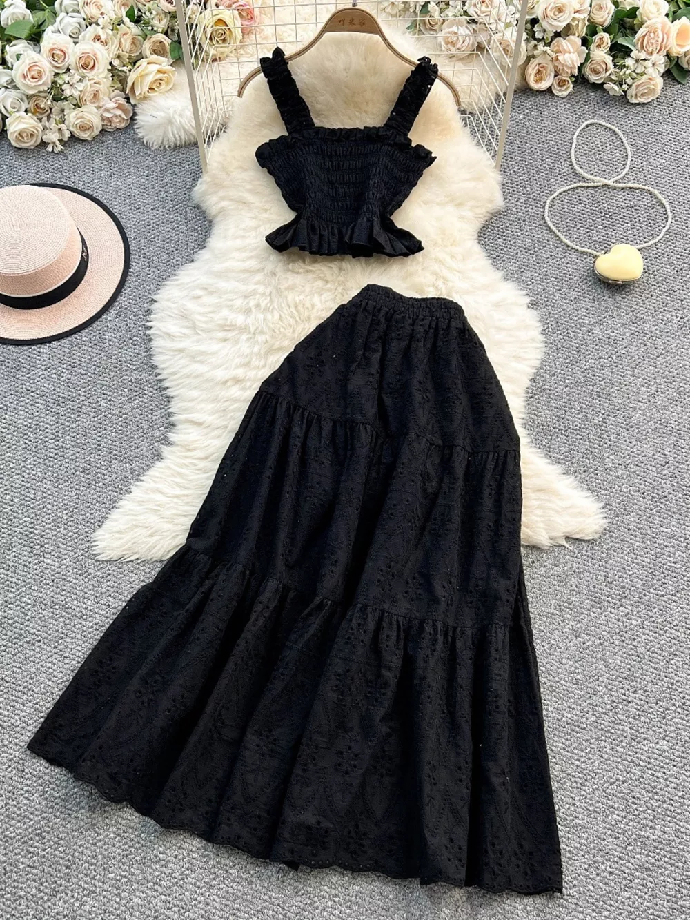 Smocked Crop Top and Hollow-Out Skirt Set, image 8