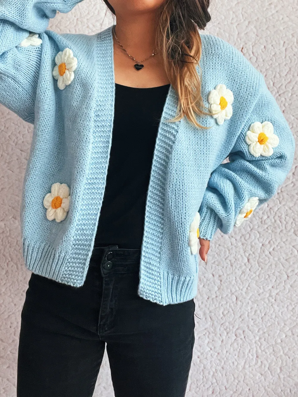 Flower Open Front Long Sleeve Cardigan, image 5