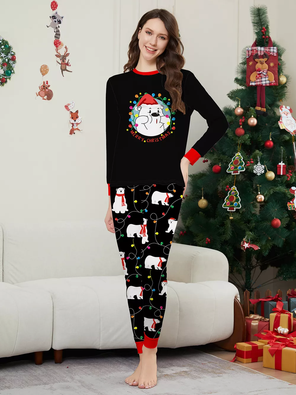 Full Size Family Matching Christmas Pajamas Set with Polar Bear Print Plus Size, image 3