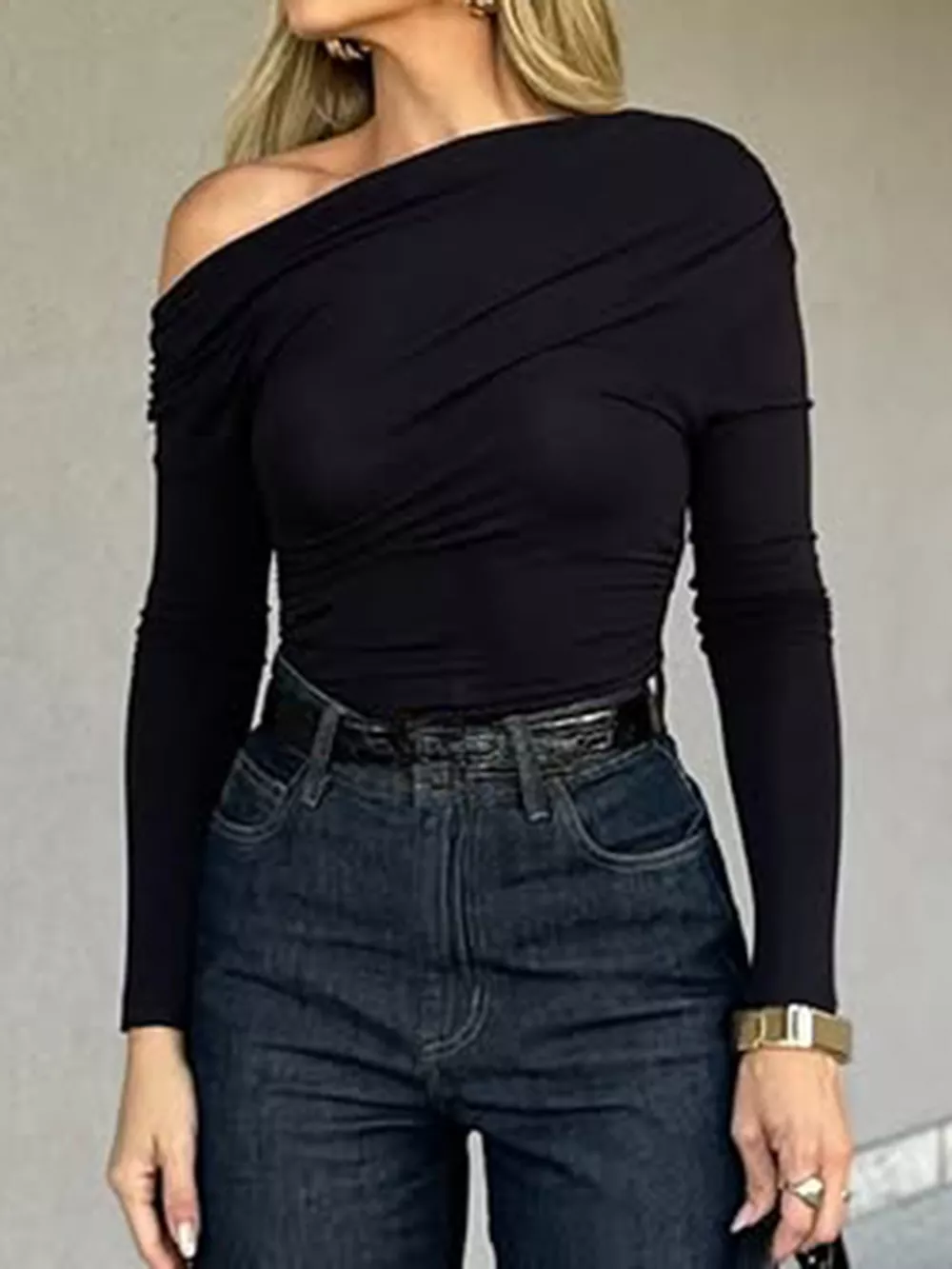 One Shoulder Long Sleeve Slim Fit T-Shirt, image 3