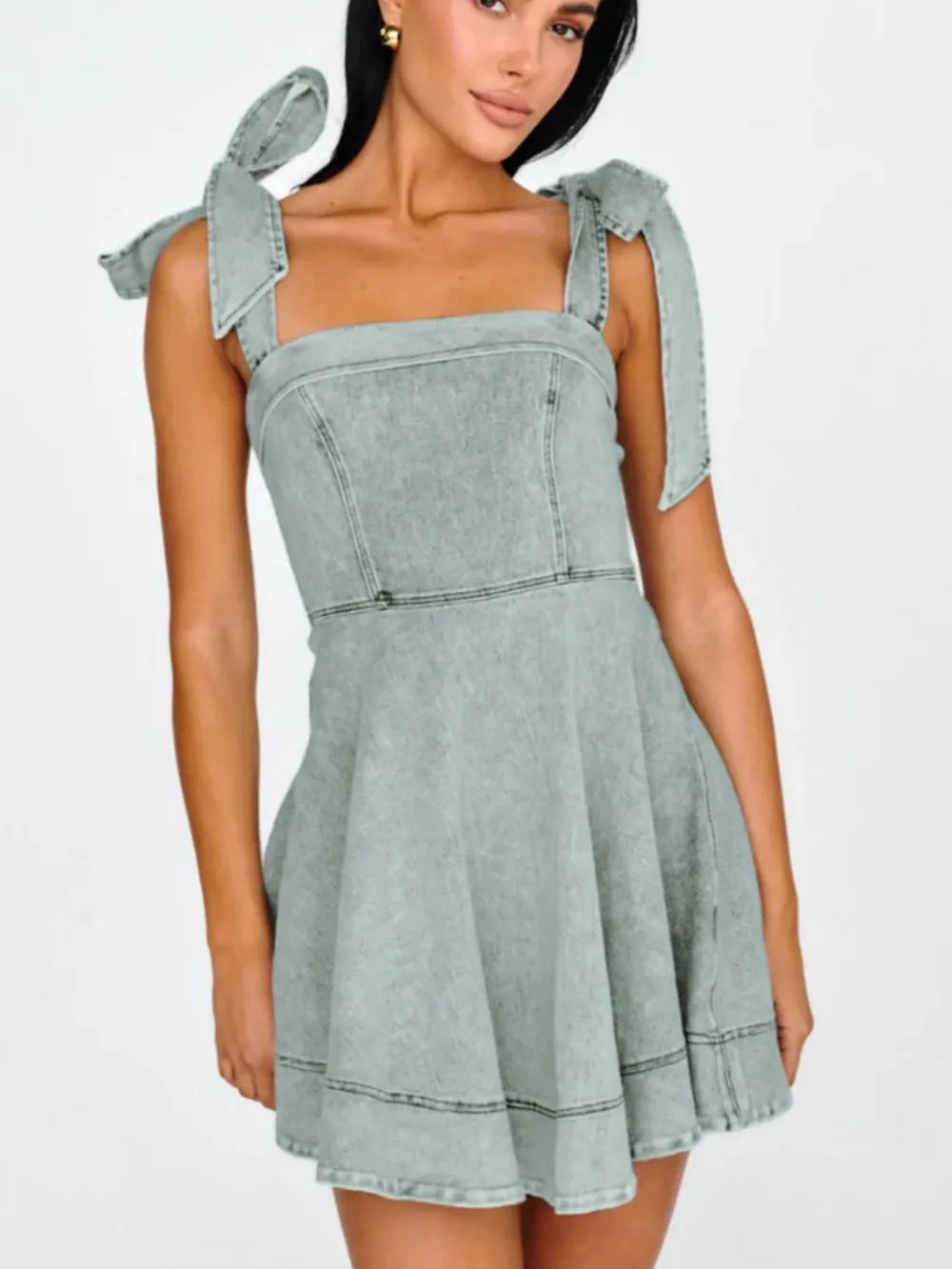 Bow-Shoulder Square Neck Denim Mini Dress, image 2