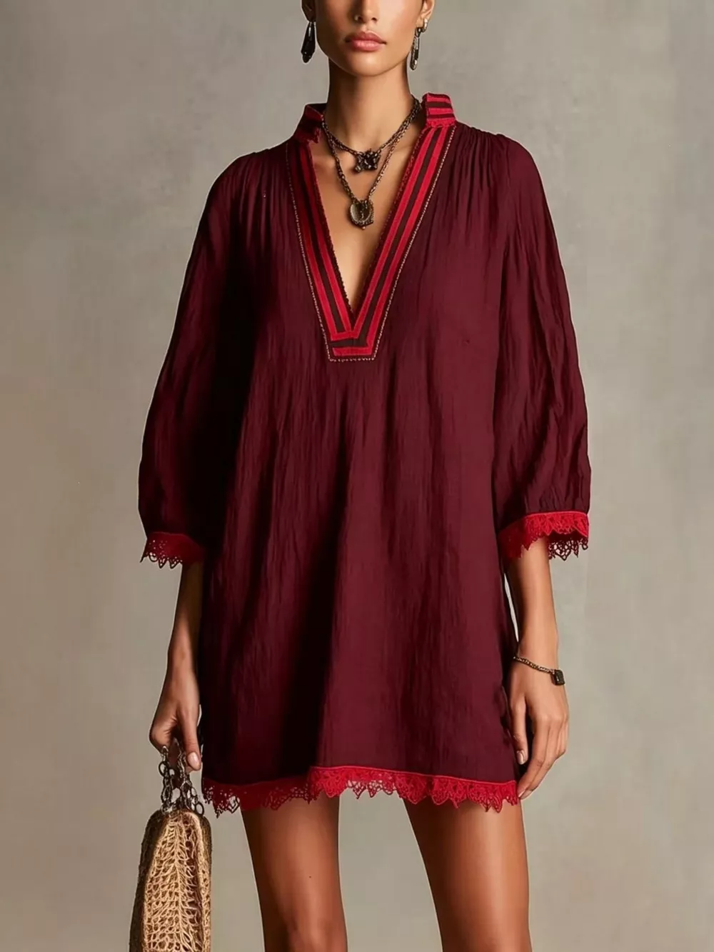 Lace Trim Notched Mini Dress, image 4