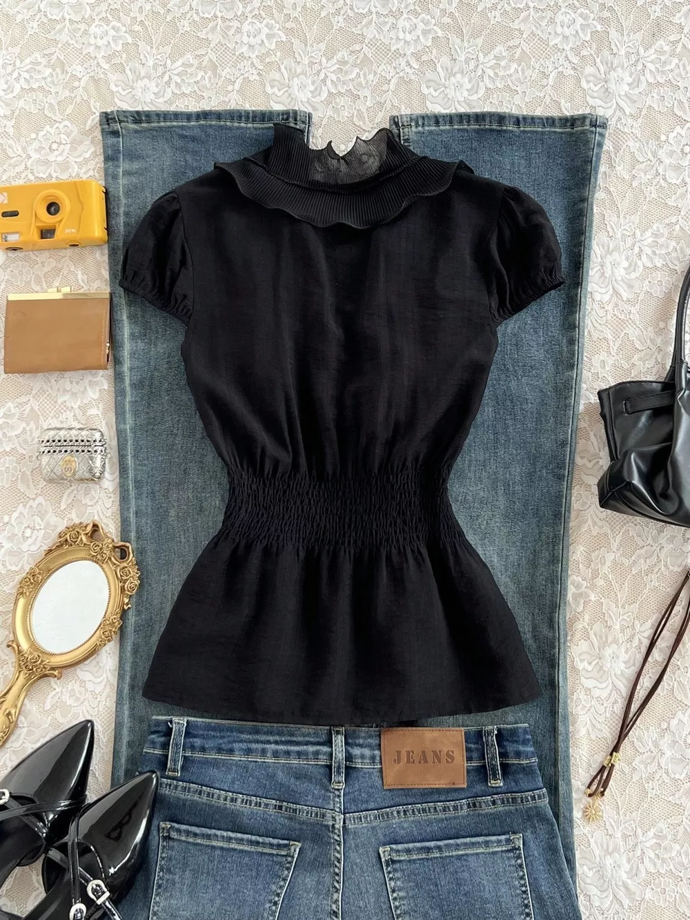 Ruffled V-Neck Blouse with Smocked Waist, image 5