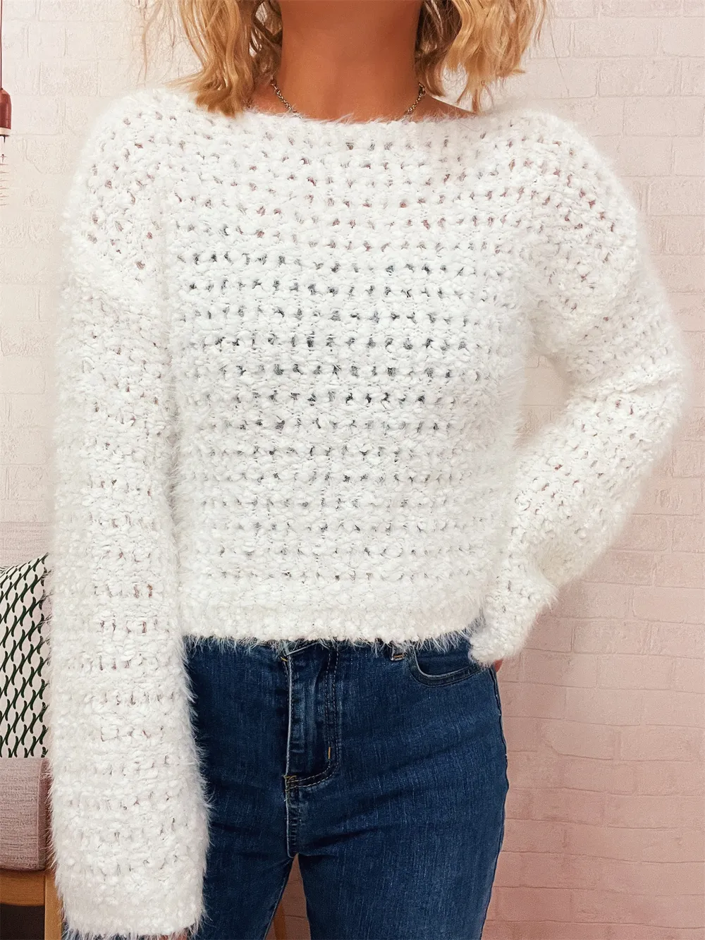Crochet Round Neck Dropped Shoulder Sweater, image 21