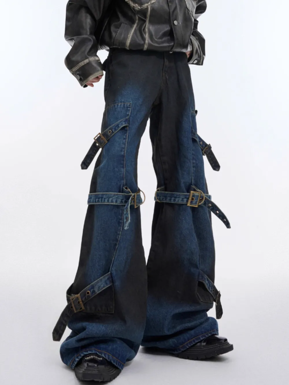 Men's Plus Size Buckle Strap Washed Flare Jeans, image 3