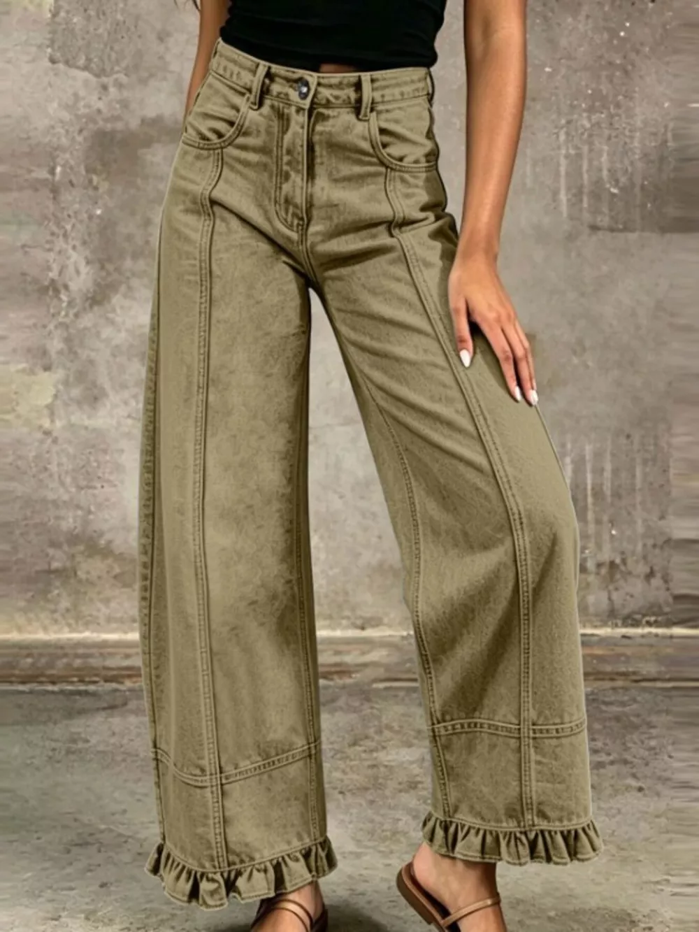 Full Size High-Waisted Wide-Leg Ruffle Hem Jeans Plus Size, image 4
