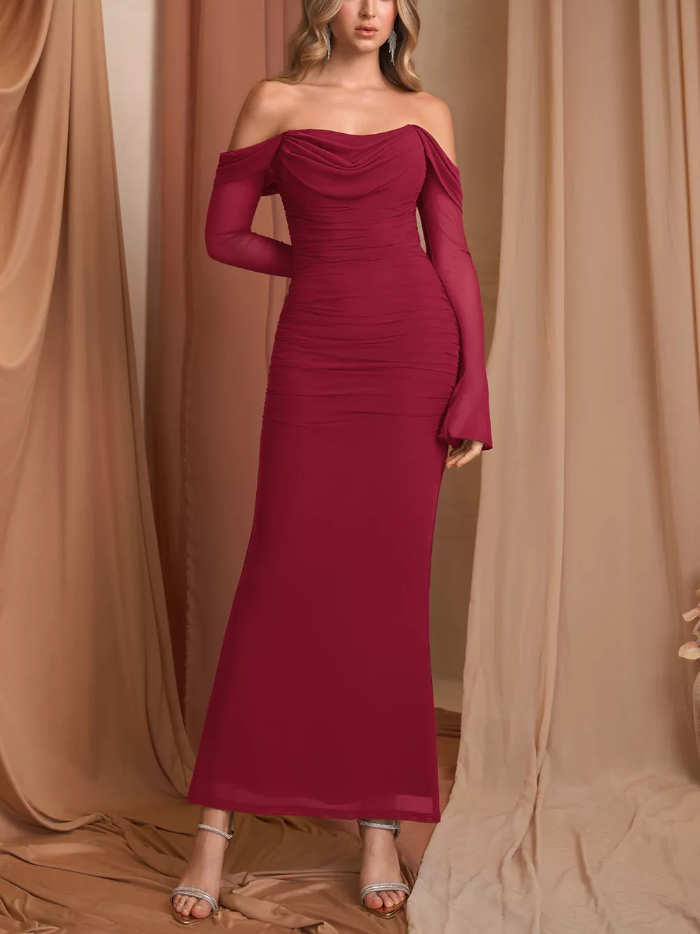Off-Shoulder Ruched Mermaid Maxi Dress, image 7