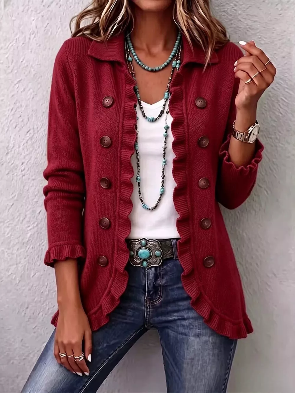 Full Size Ruffled Trim Decorative Button Cardigan Plus Size, image 2