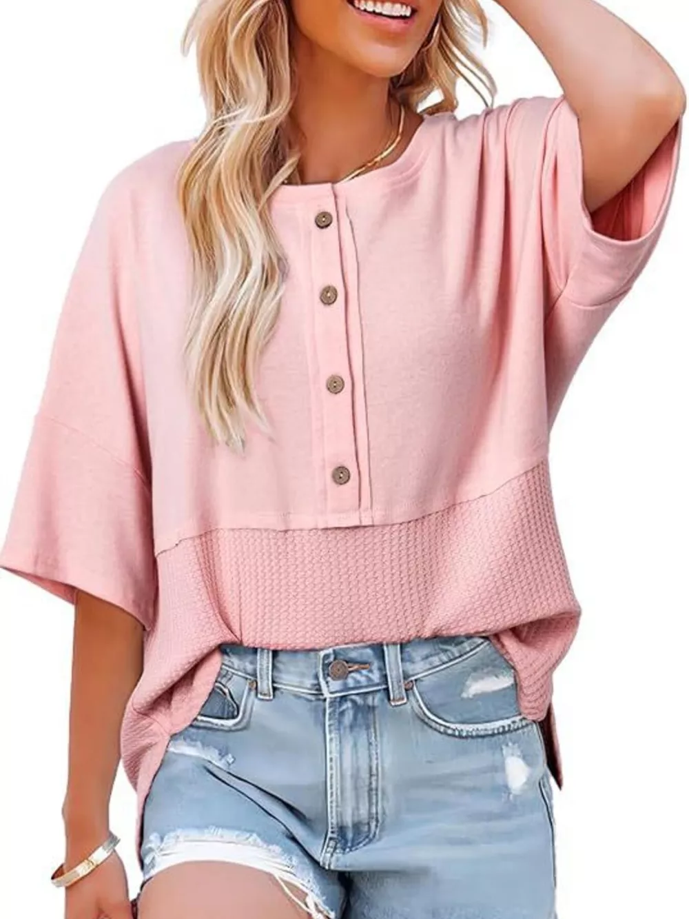 Button Detail Texture Knit T-Shirt, image 7