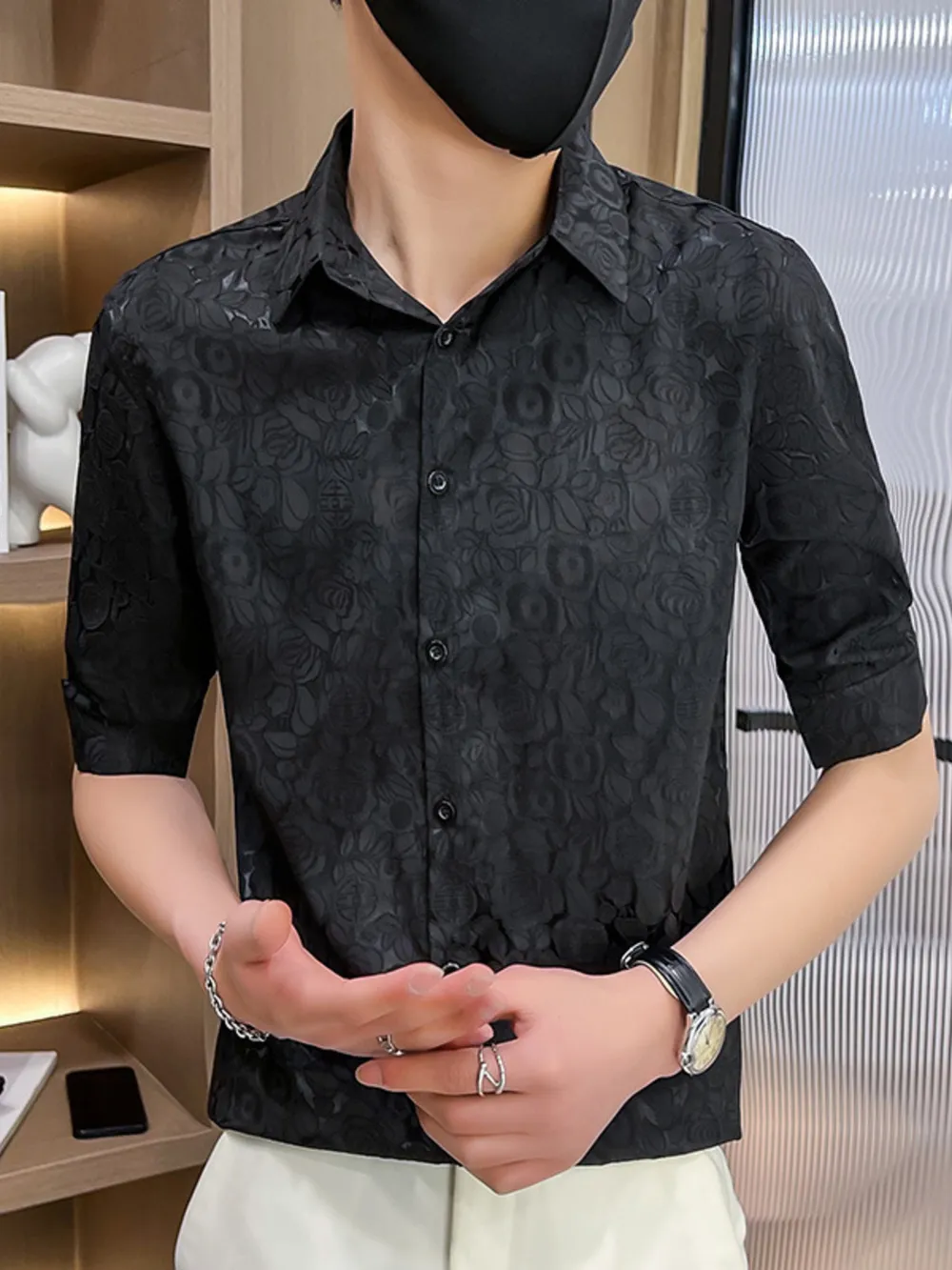 Men's Plus Size Floral Lace Slim Fit Shirt, image 3