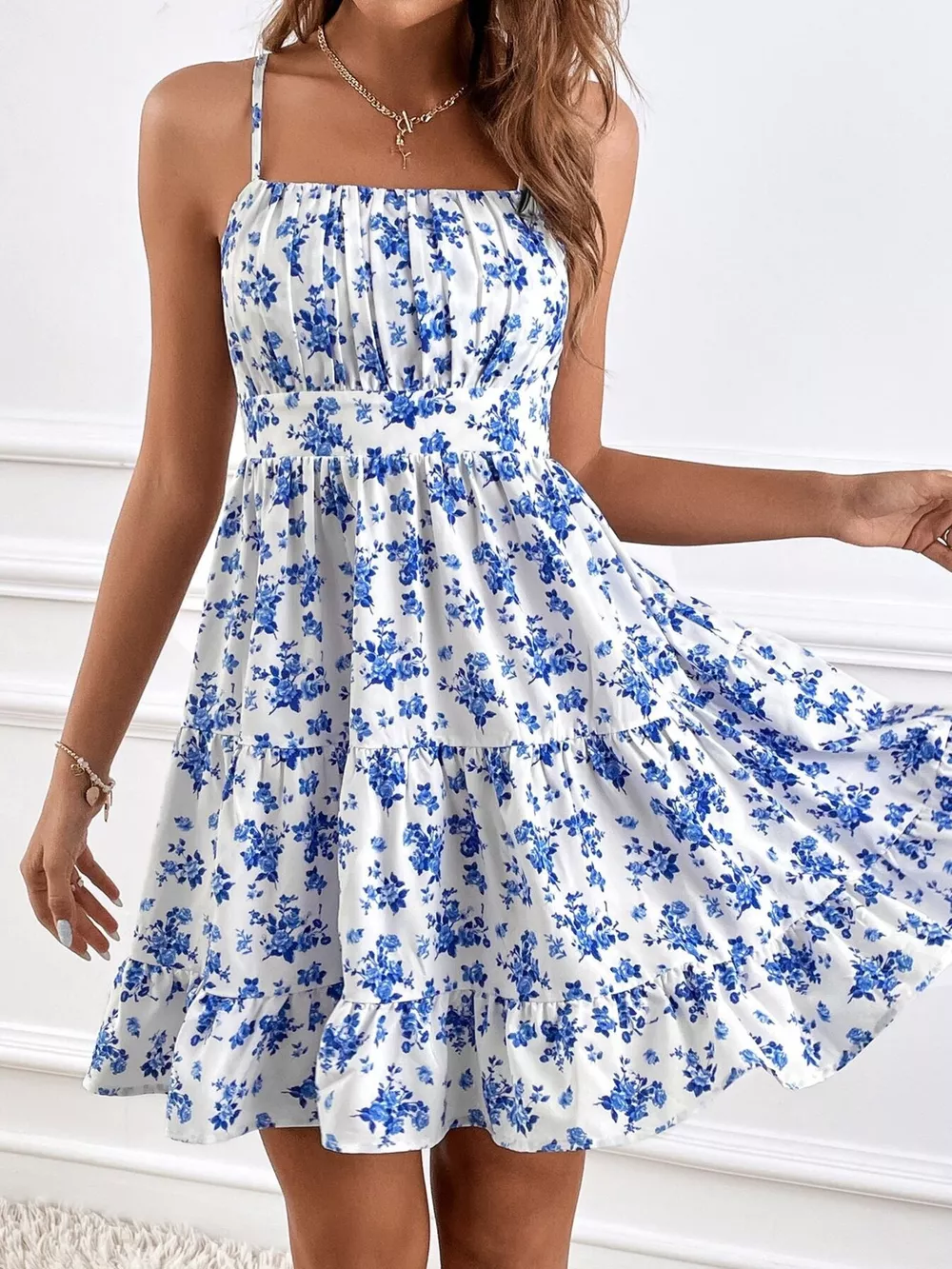 Floral Print Spaghetti Strap Tiered Mini Dress