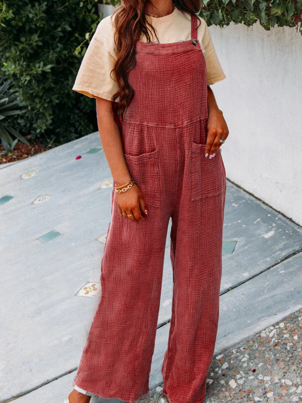 Full Size Casual Wide Leg Textured Overalls Plus Size, image 10