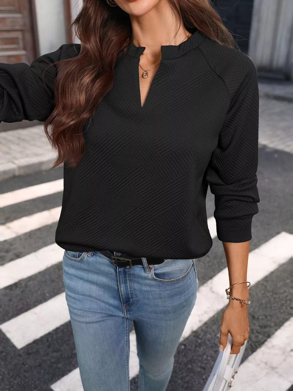 Textured Notched Long Sleeve Sweatshirt, image 12