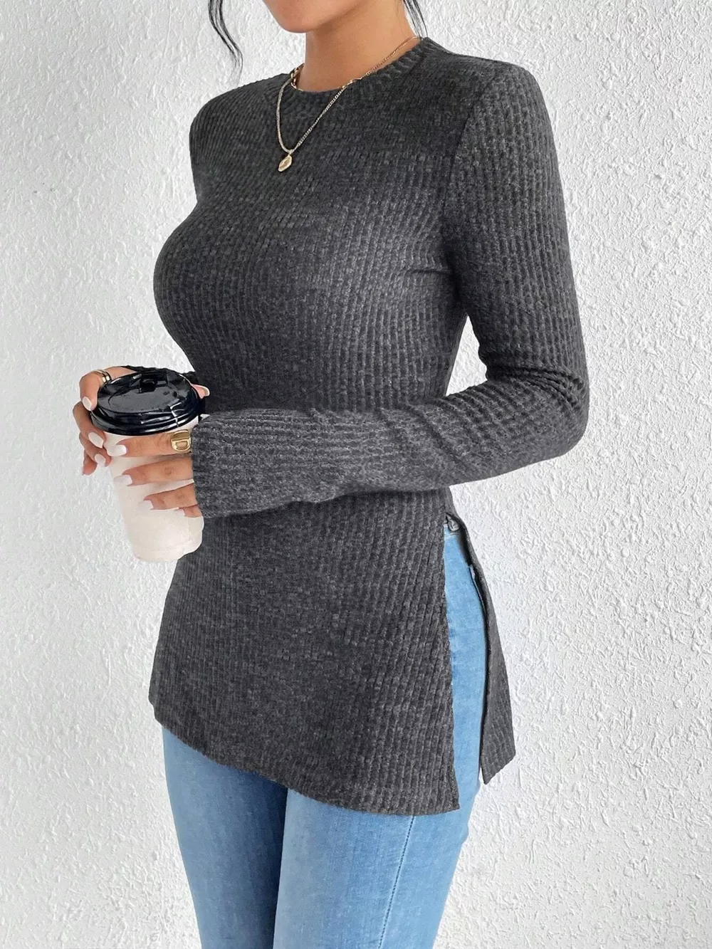 Slit Round Neck Long Sleeve T-Shirt, image 2
