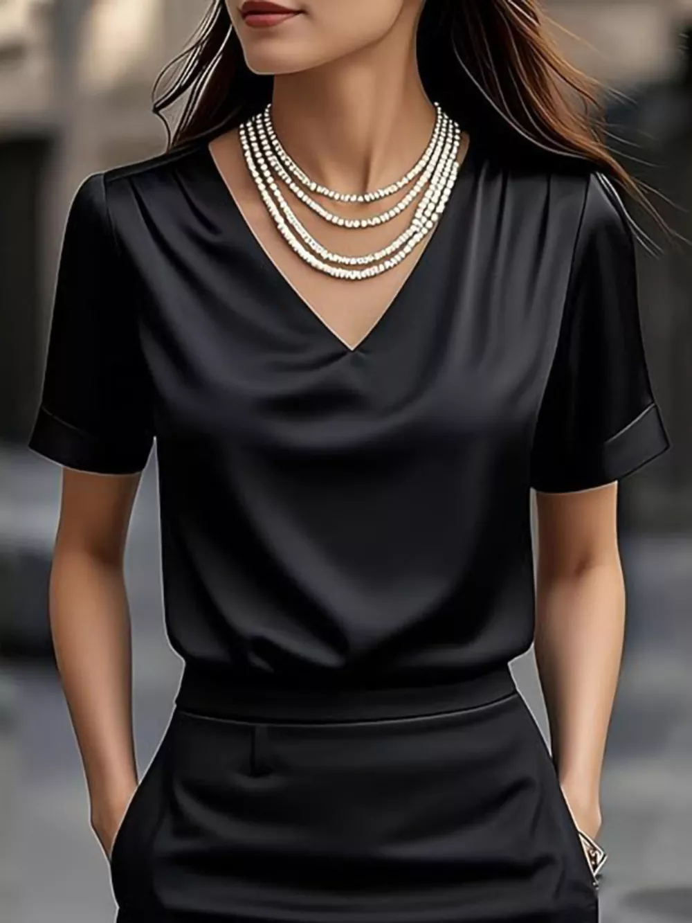 V-Neck Short Sleeve Satin Blouse, image 8