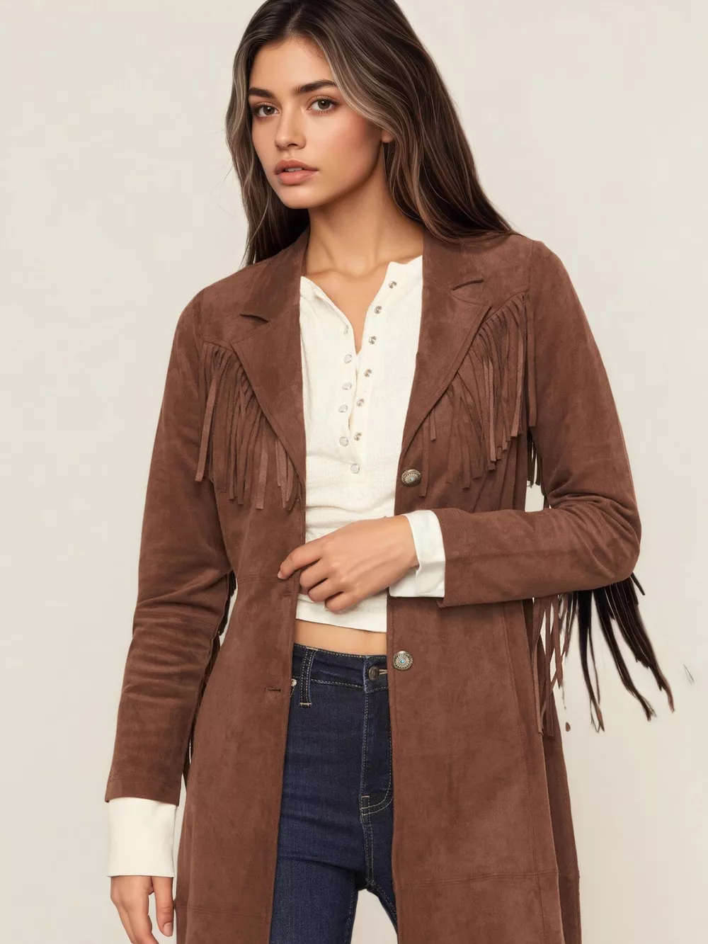 Fringe Lapel Collar Long Sleeve Coat, image 4