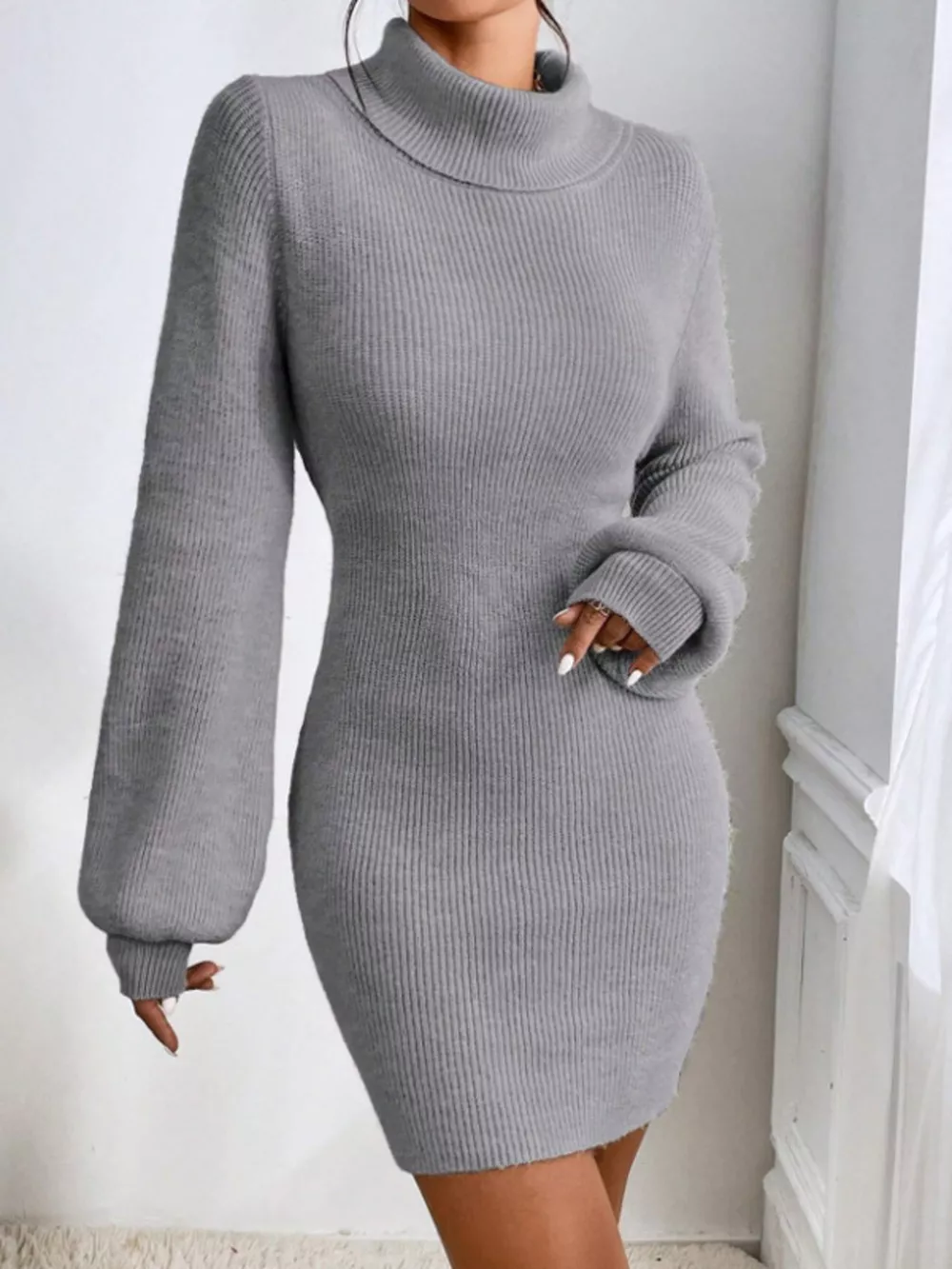 Turtleneck Ribbed Knit Sweater Dress, image 12