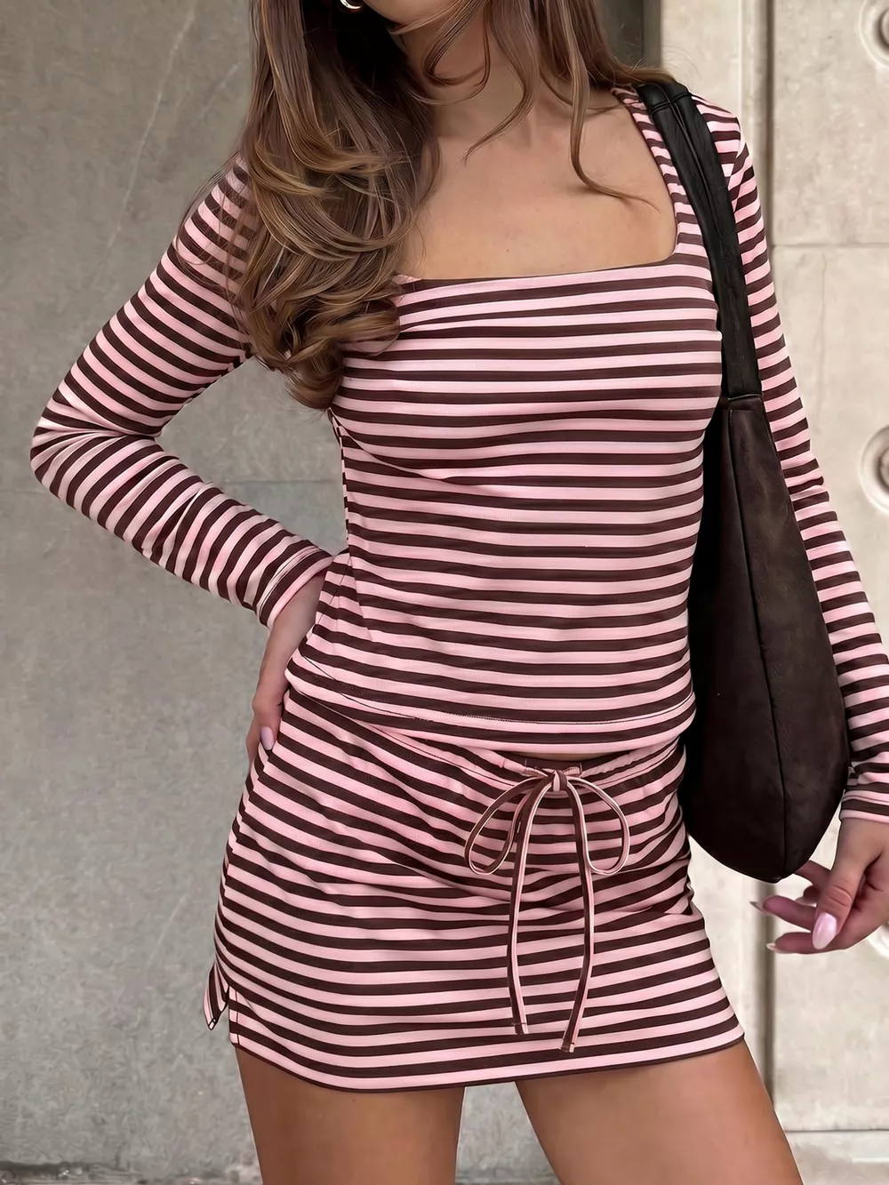 Striped Long Sleeve Square Neck Top and Mini Skirt Two-Piece Set, image 3