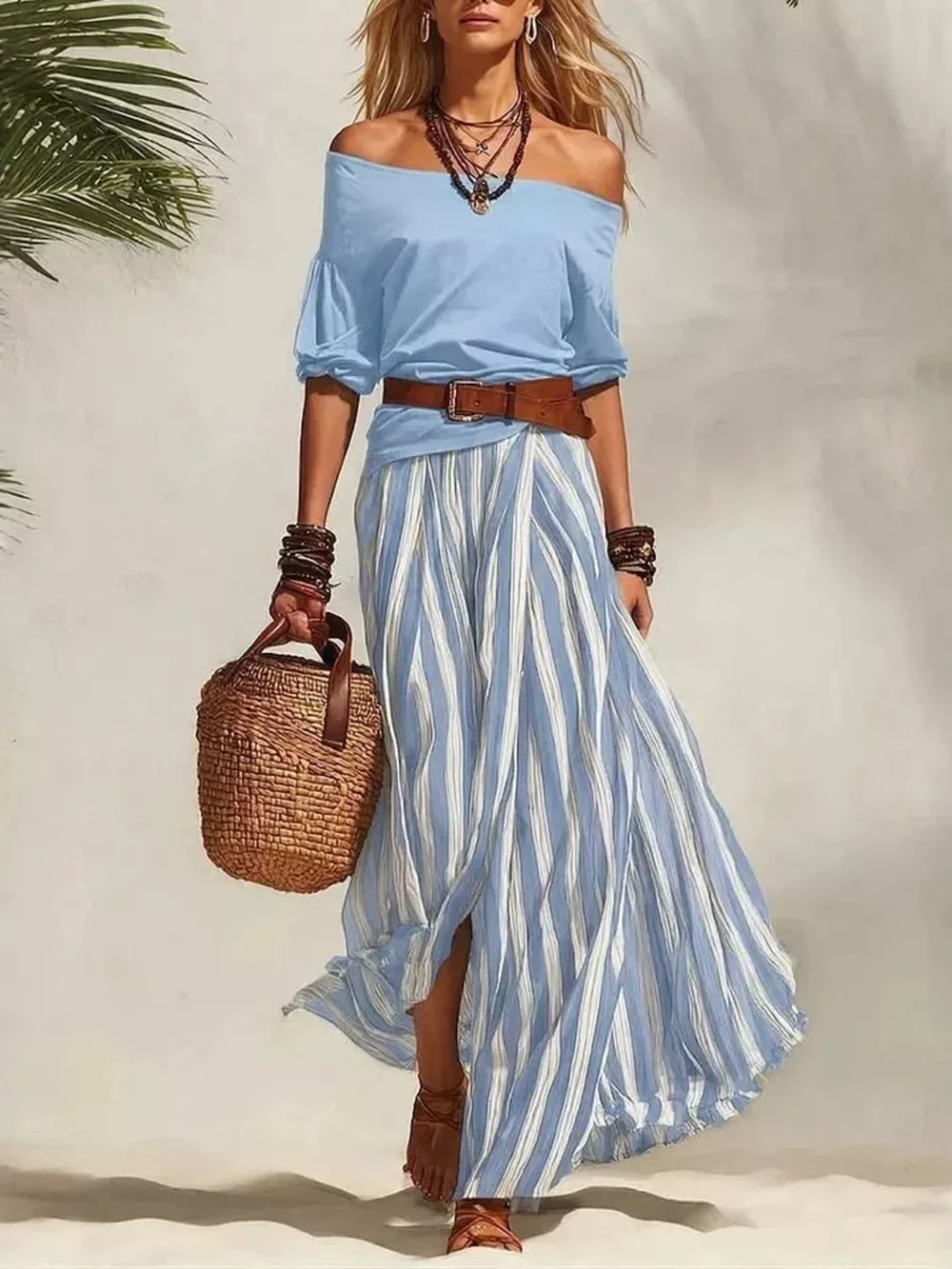 Off Shoulder Top and Striped Maxi Skirt Set, image 11