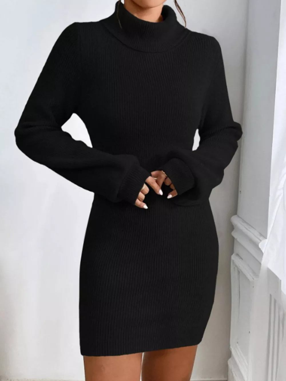 Turtleneck Ribbed Knit Sweater Dress, image 18
