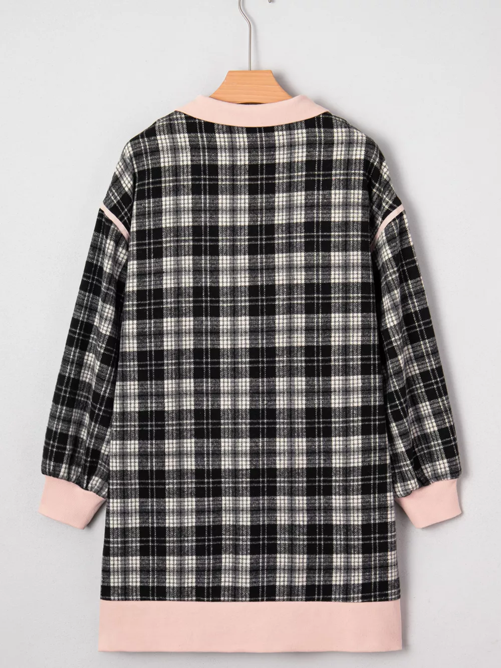 Plaid Polo Collar Zip up Contrast Trim Shift Long Sleeve Mini Dress, image 5