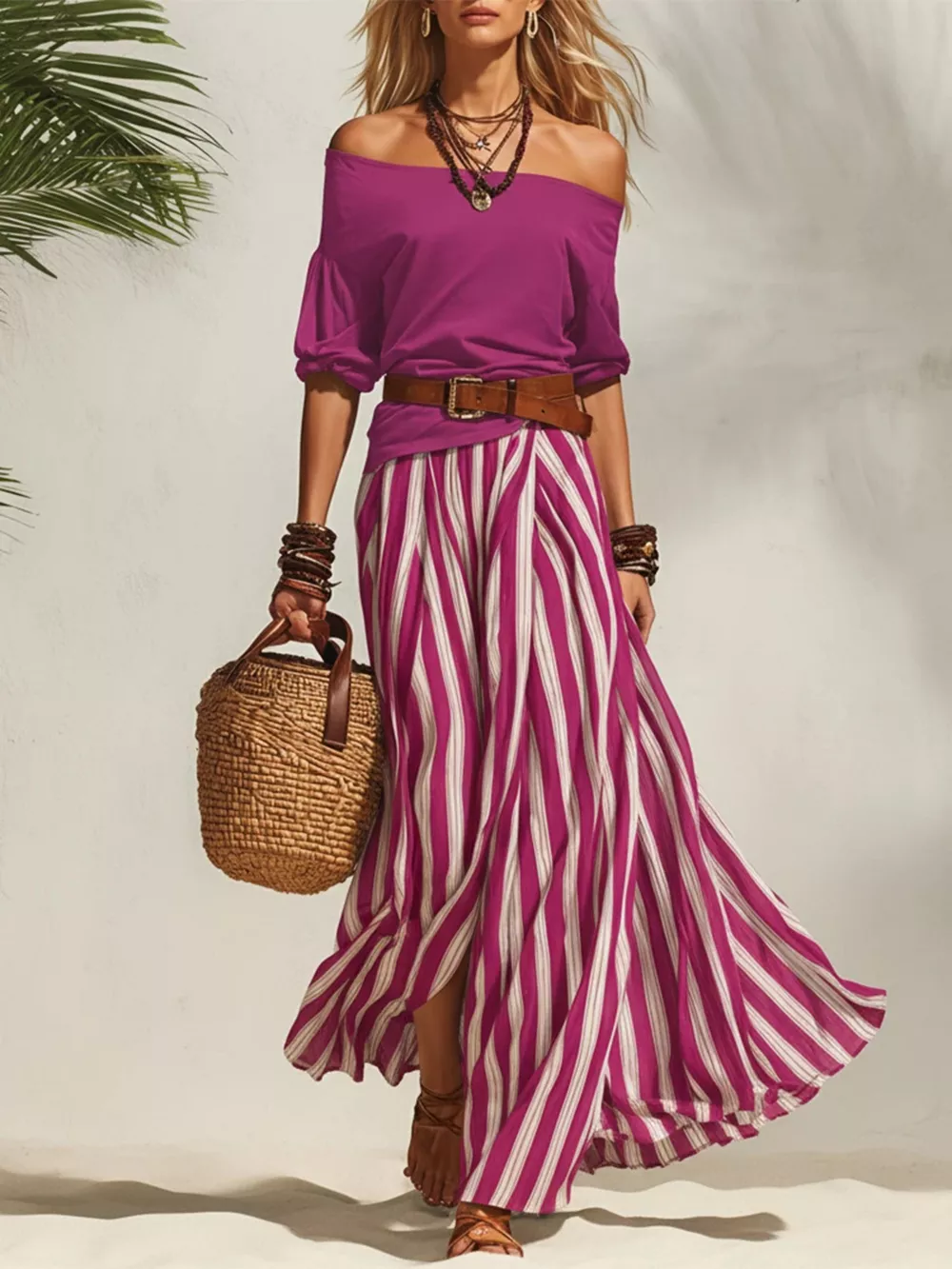 Off Shoulder Top and Striped Maxi Skirt Set, image 10
