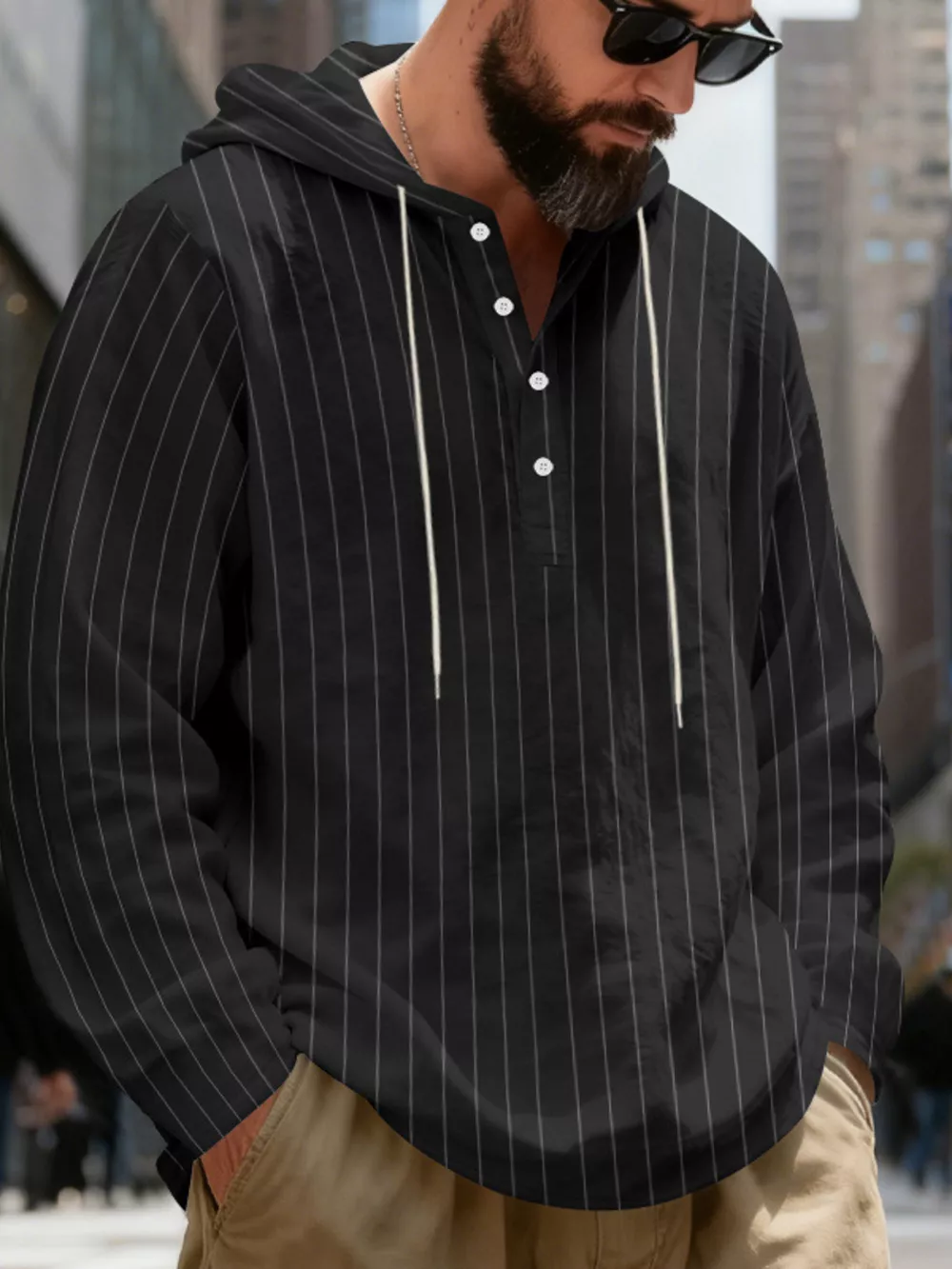 Men's Full Size Casual Striped Henley Hoodie with Drawstring Plus Size, image 11