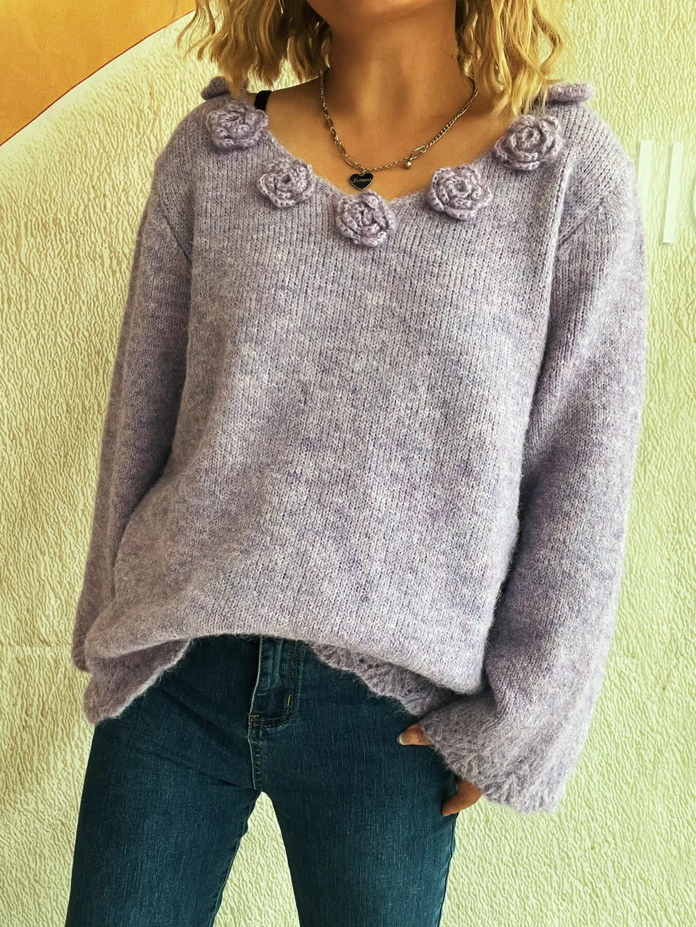 Flower V-Neck Long Sleeve Sweater, image 20