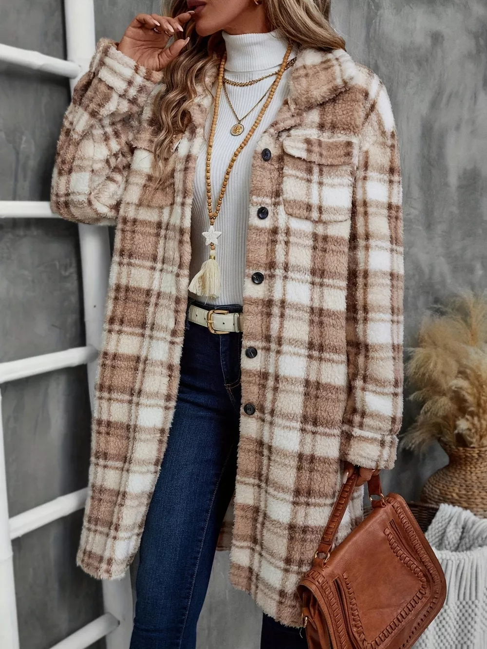 Plaid Fleece Button Up Longline Outerwear, image 5