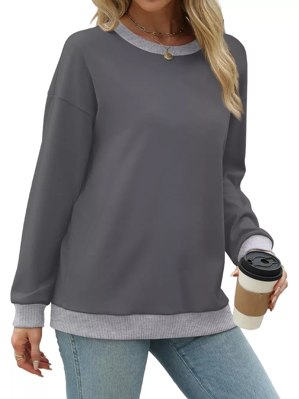 Contrast Trim Crew Neck Casual Sweatshirt, image 4