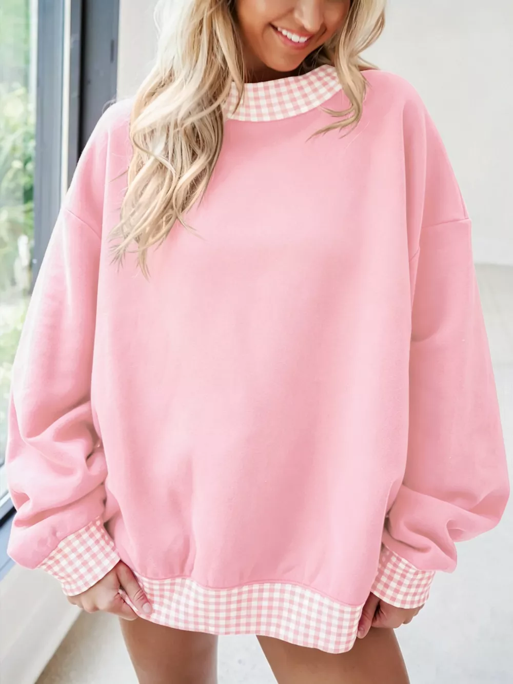 Gingham Trim Dropped Shoulder Sweatshirt, image 11