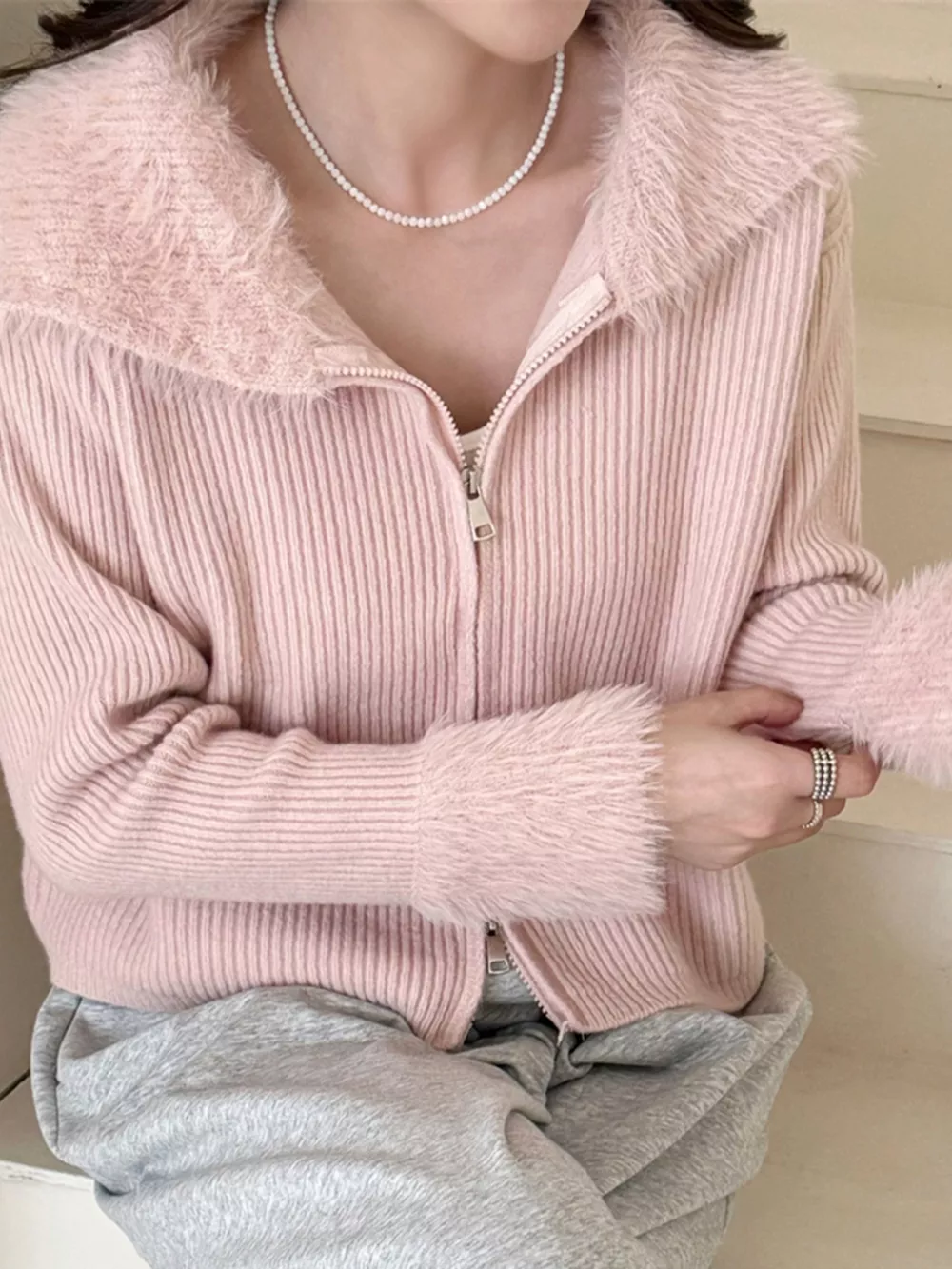 Fluffy Trim Zip-Up Cardigan, image 8