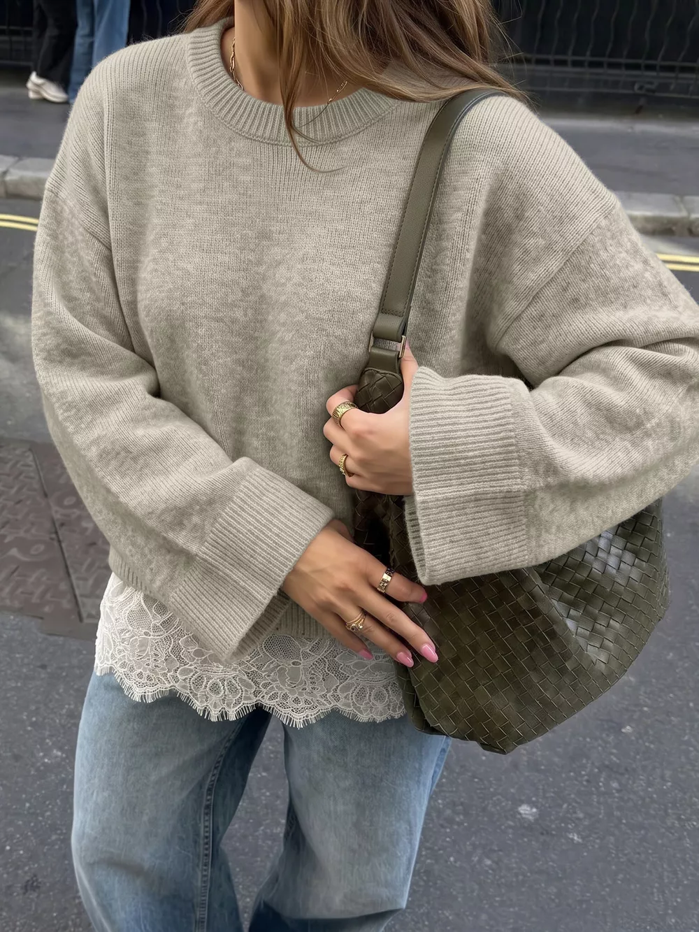 Layered Lace Hem Crew Neck Sweater, image 3