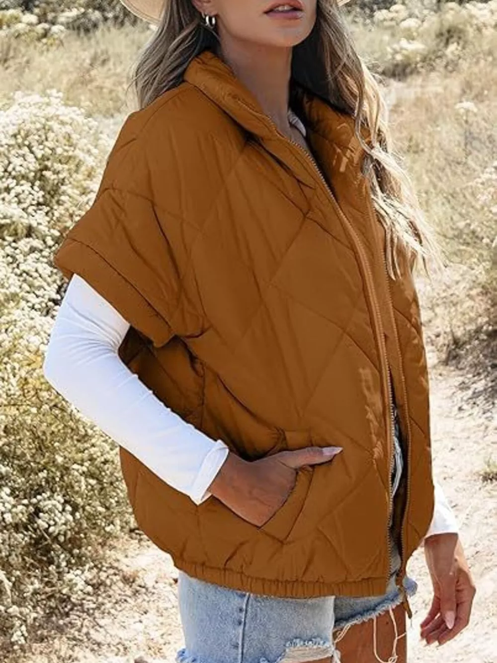Quilted Zip Up Short Sleeve Winter Coat, image 8