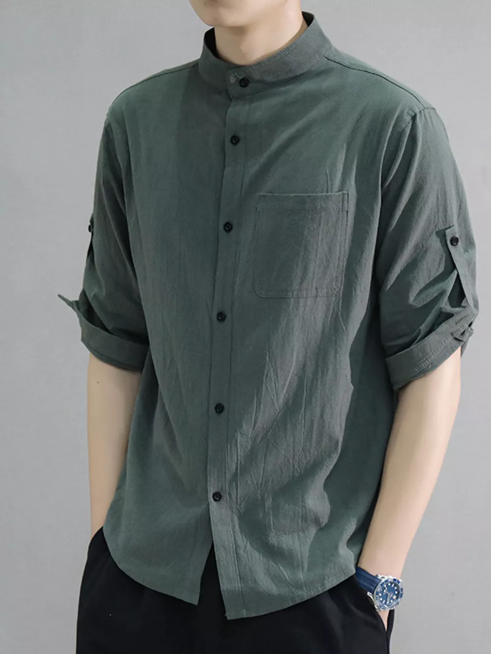 Men's Plus Size Button Up Roll-Up Sleeve Shirt, image 4
