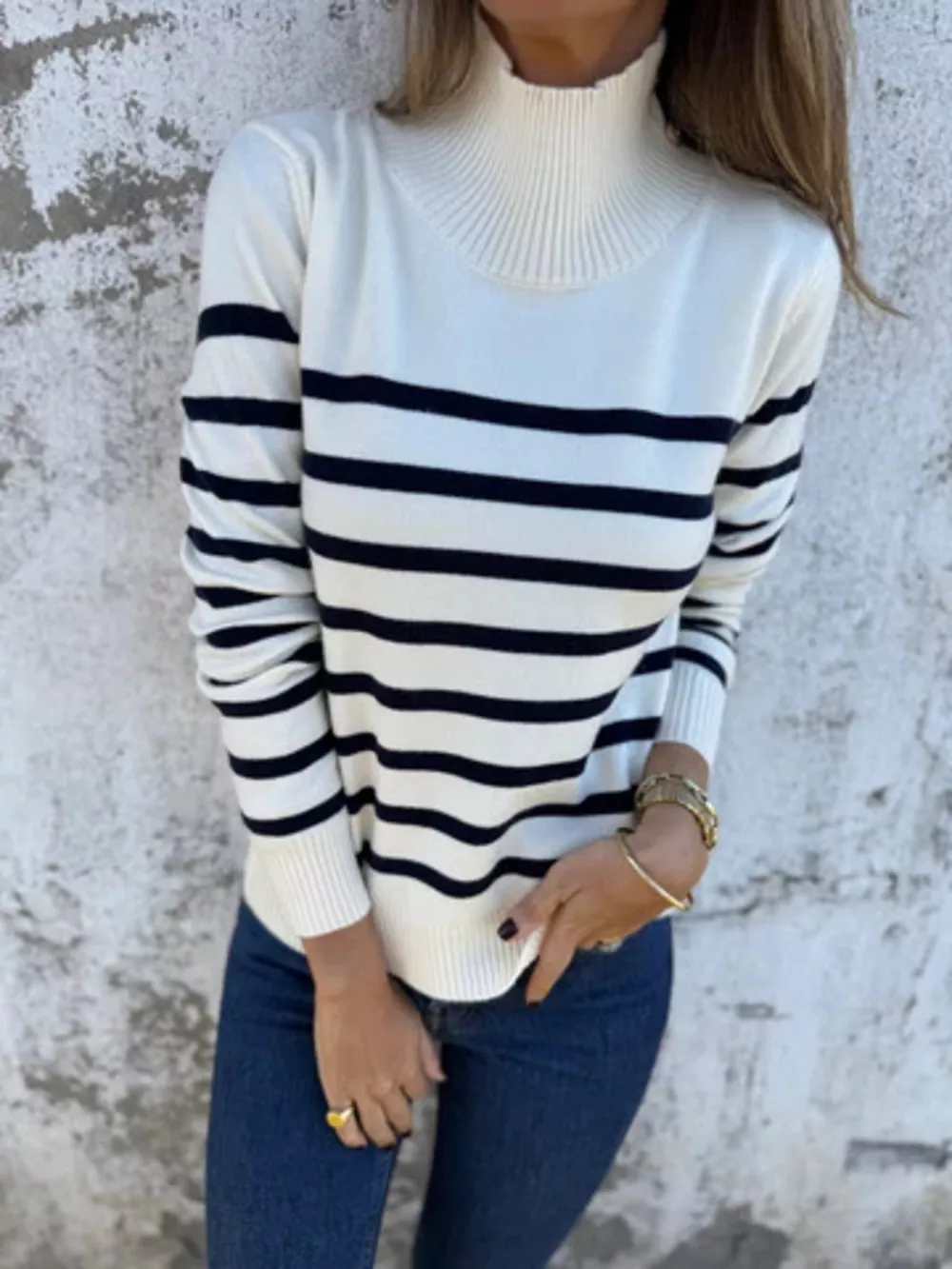 Full Size Striped Turtleneck Long Sleeve Sweater Plus Size, image 17