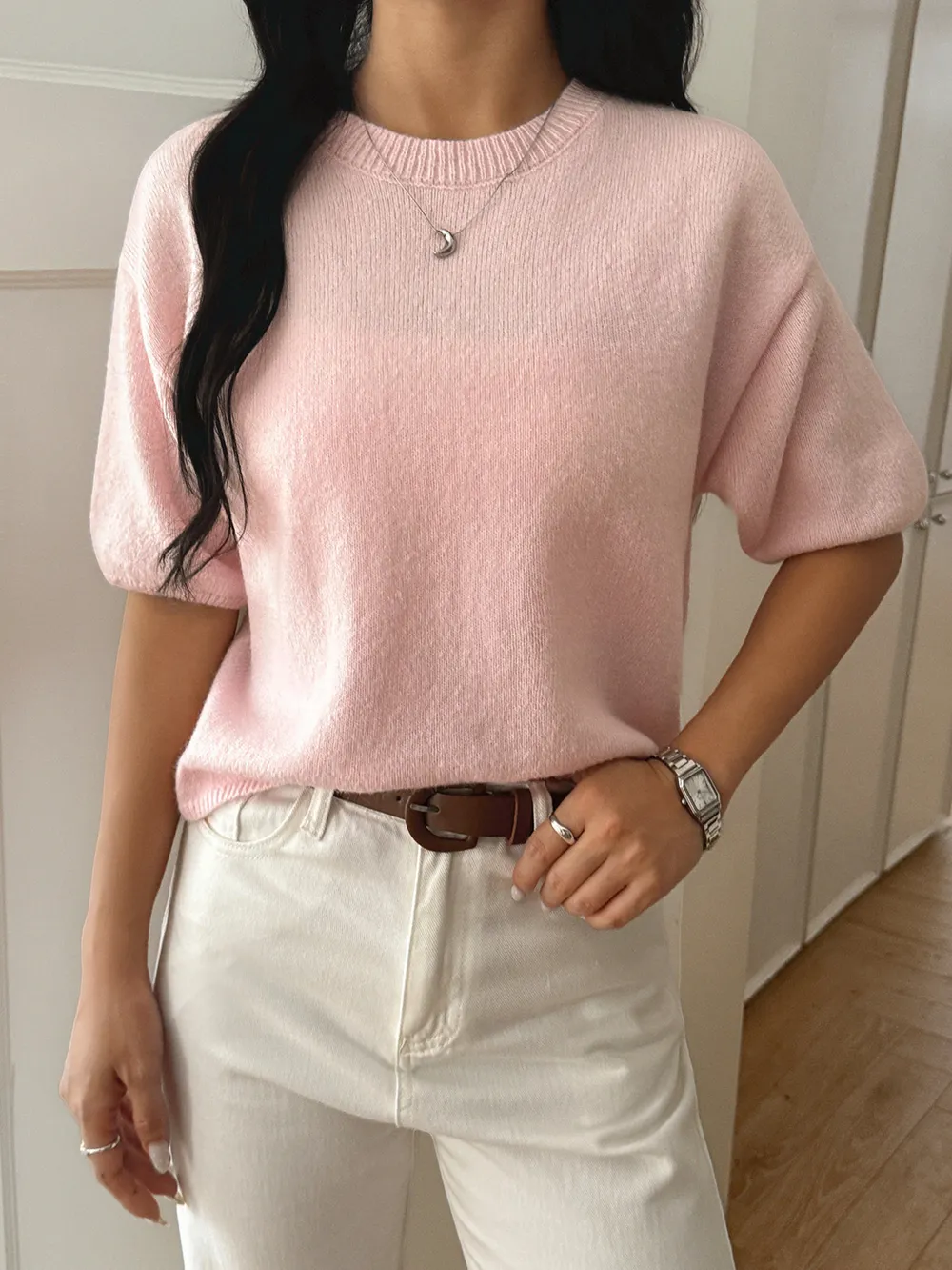 Ribbed Hem Round Neck Sweater, image 5