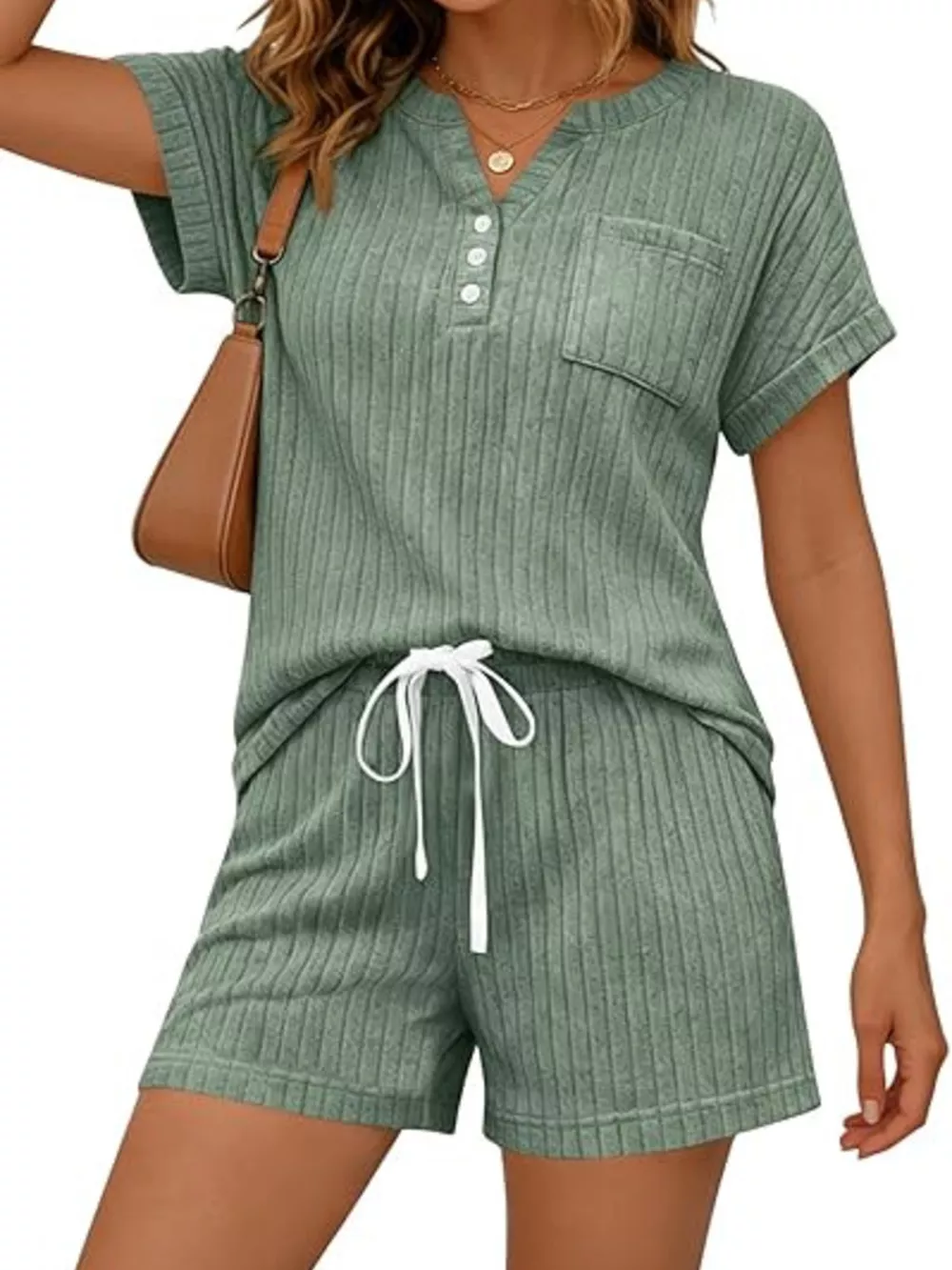 Casual Ribbed Knit Tee and Shorts Set, image 4