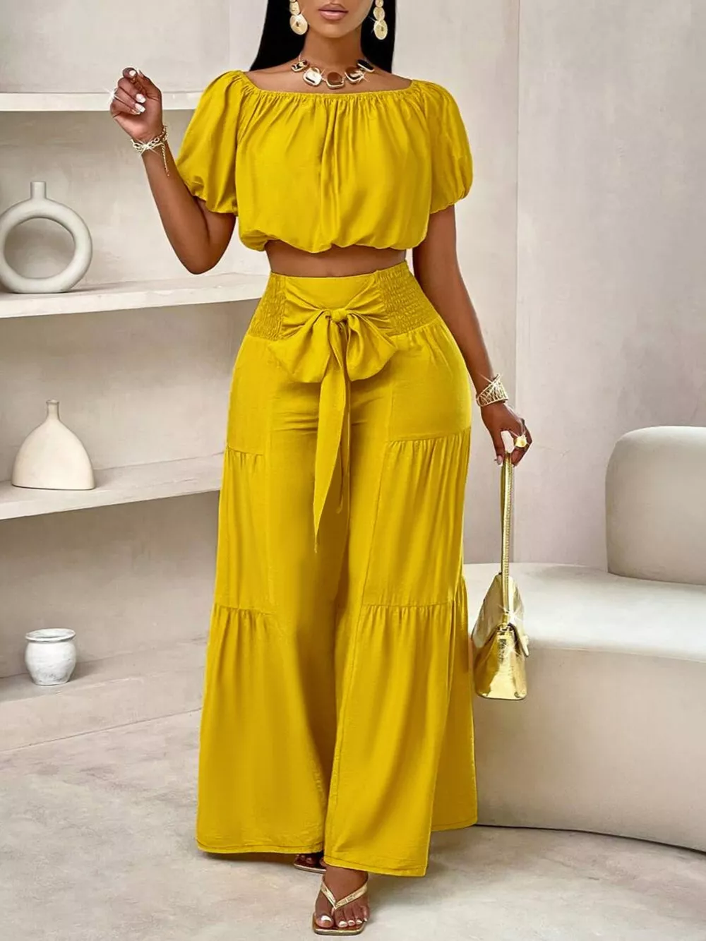 Elegant Off-Shoulder Crop Top and Ruched Wide Leg Pants Set, image 2