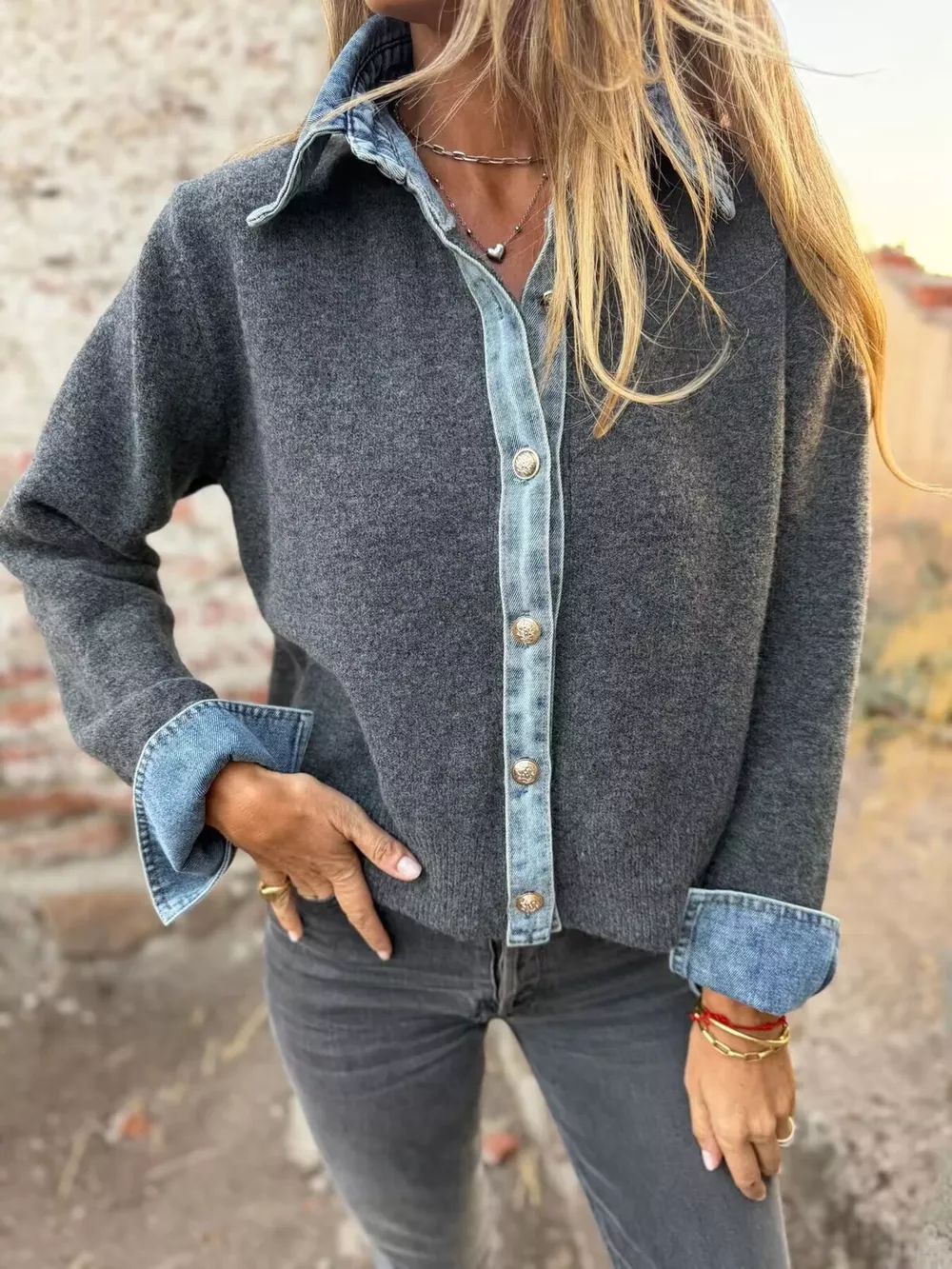 Contrast Denim Trimmed Sweater Cardigan, image 4