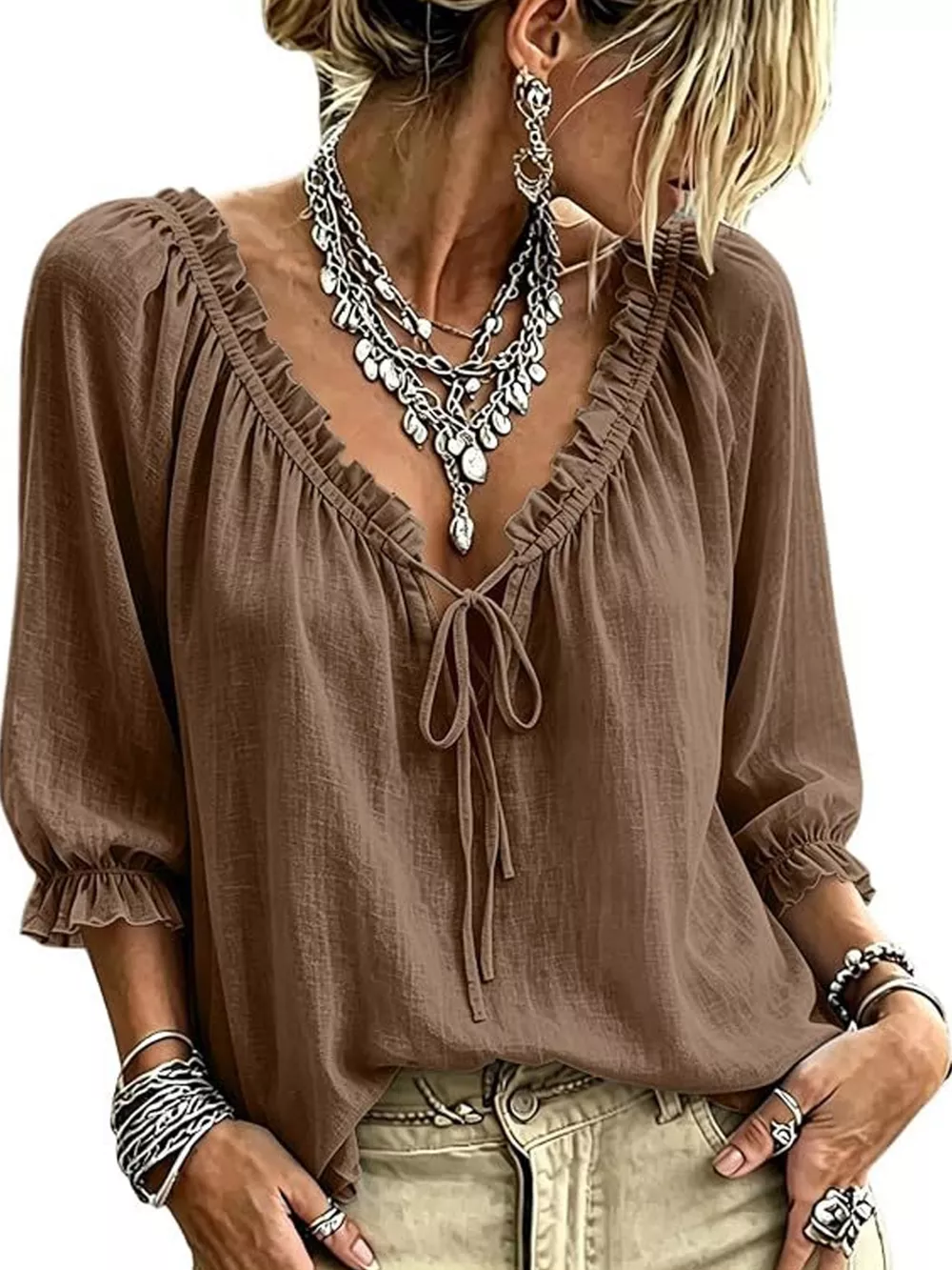 Frill Tie Neck 3/4 Sleeve Blouse, image 9