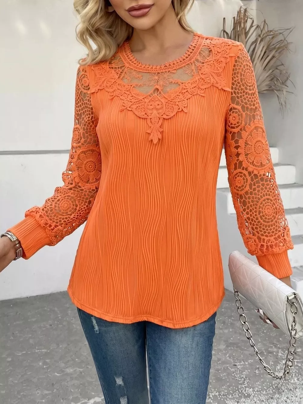 Lace Patchwork Long Sleeve Blouse, image 16