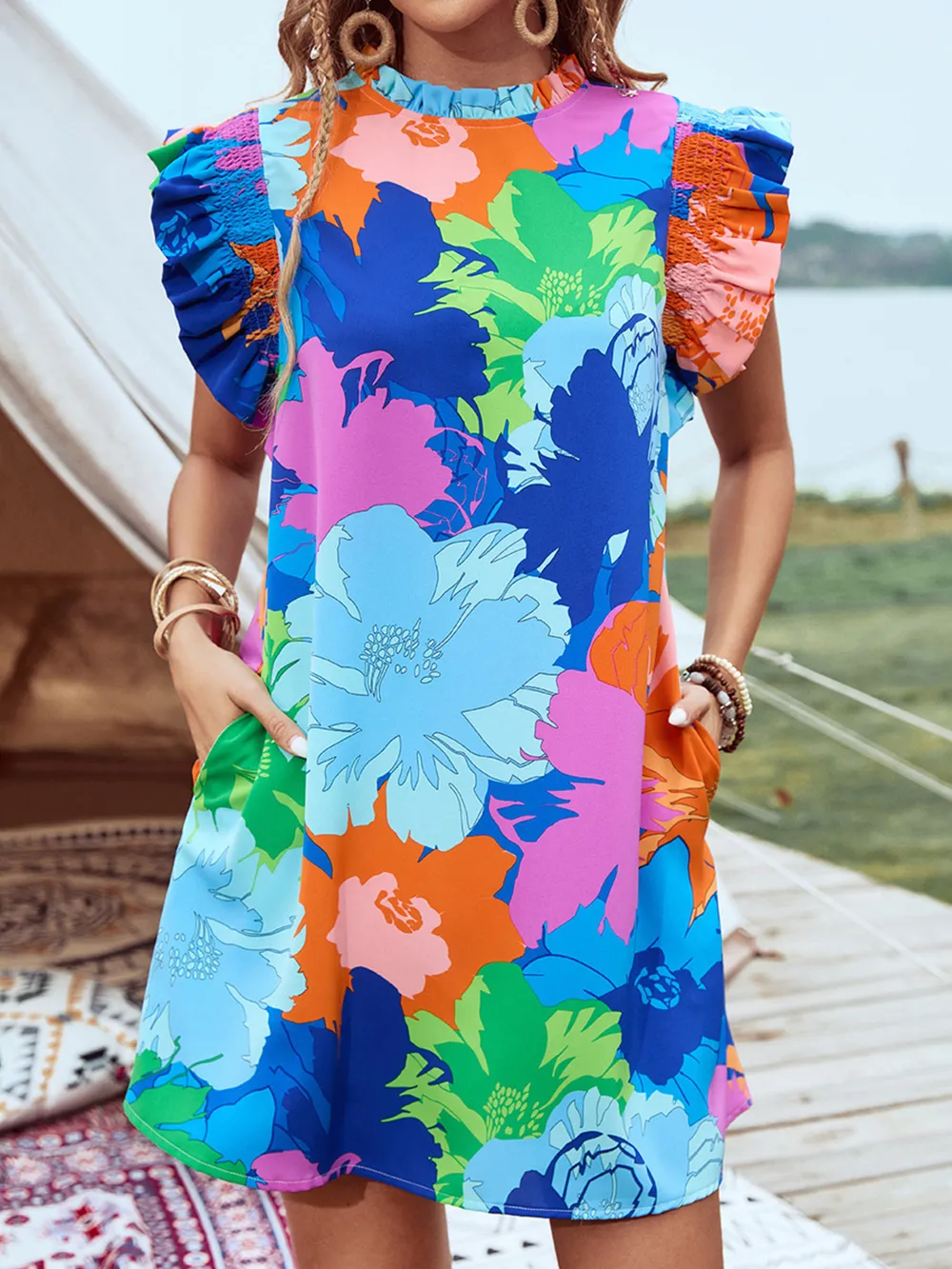 Printed Ruffled Cap Sleeve Mini Dress, image 5