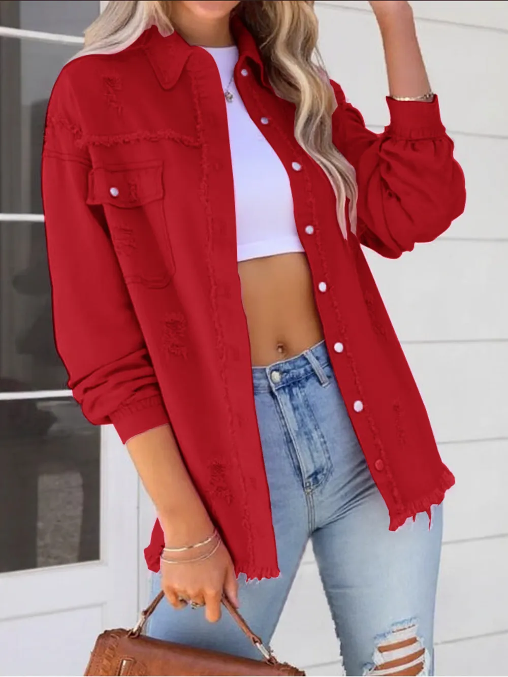 Distressed Denim Jacket with Frayed Edges, image 27