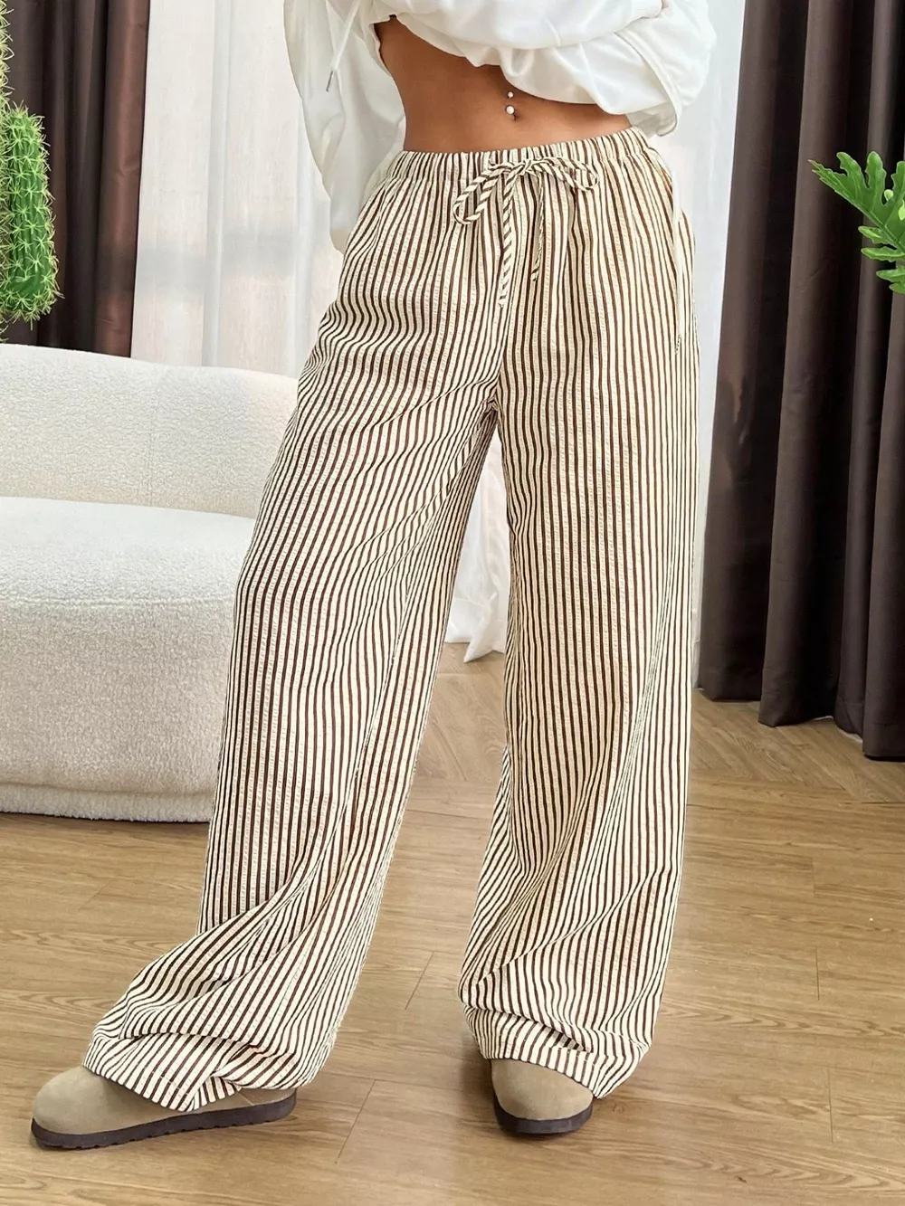 Full Size Striped Drawstring Waist Wide Leg Pants Plus Size, image 5